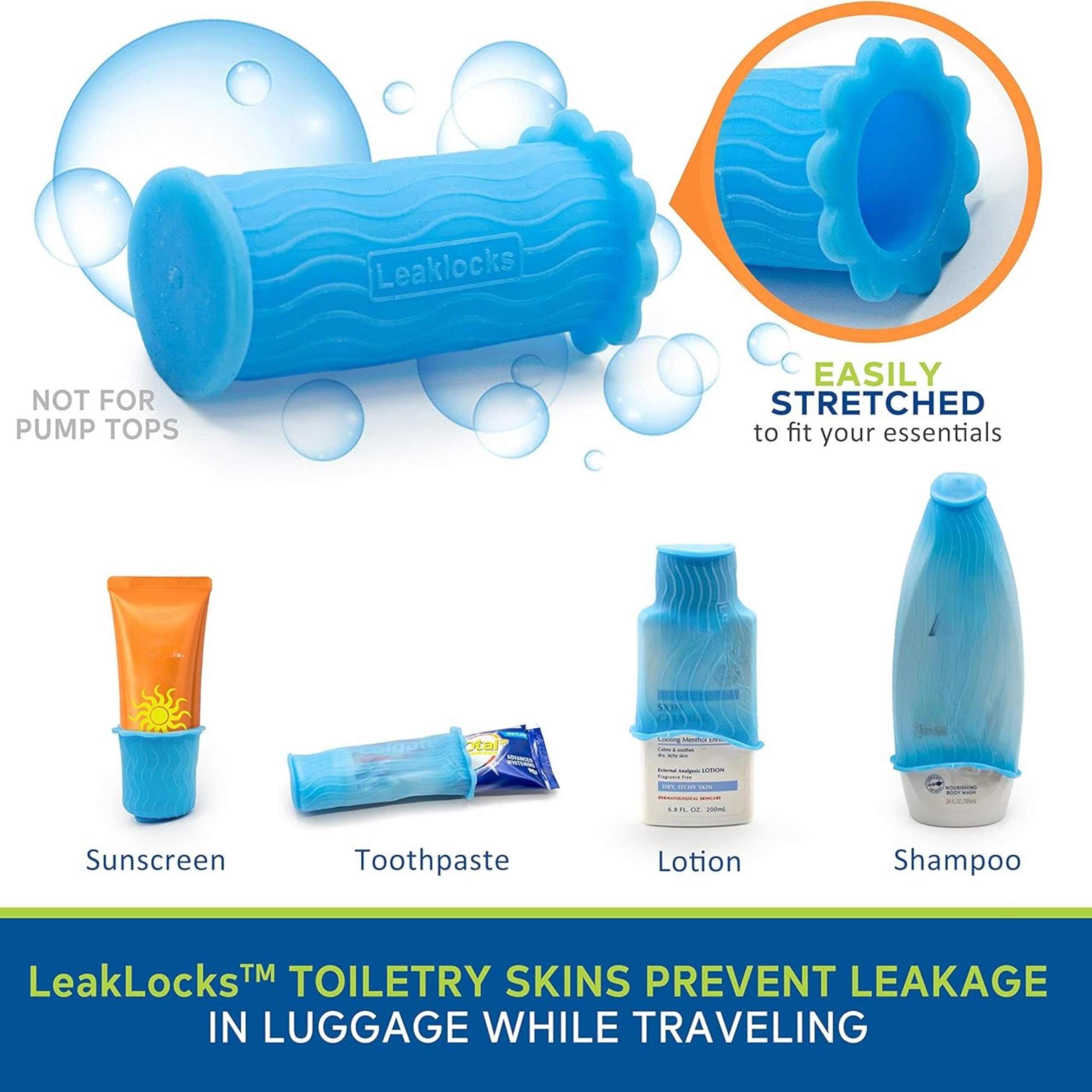 LeakLocks® Toiletry Skins™ Elastic Sleeve for Leak Proofing Travel Container in Luggage. For Standard and Travel Sized Toiletries. Reusable Accessory for Travel Bag Suitcase and Carry-on Luggage