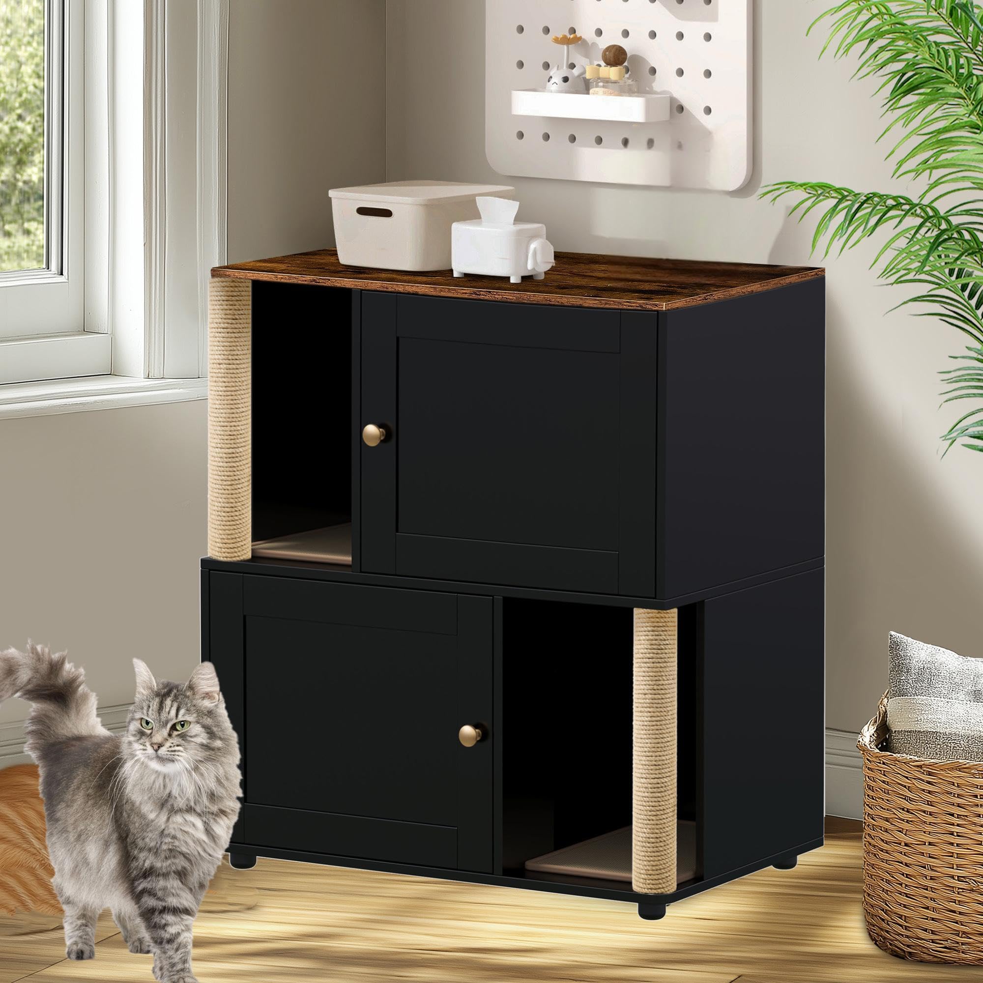 Cat Litter Box Enclosure for 2 Cats, Litter Box Enclosure with Double Room, Hidden Enclosed Cat Litter Box Furniture with Scratch Posts and Double-Layer Litter Mats Black