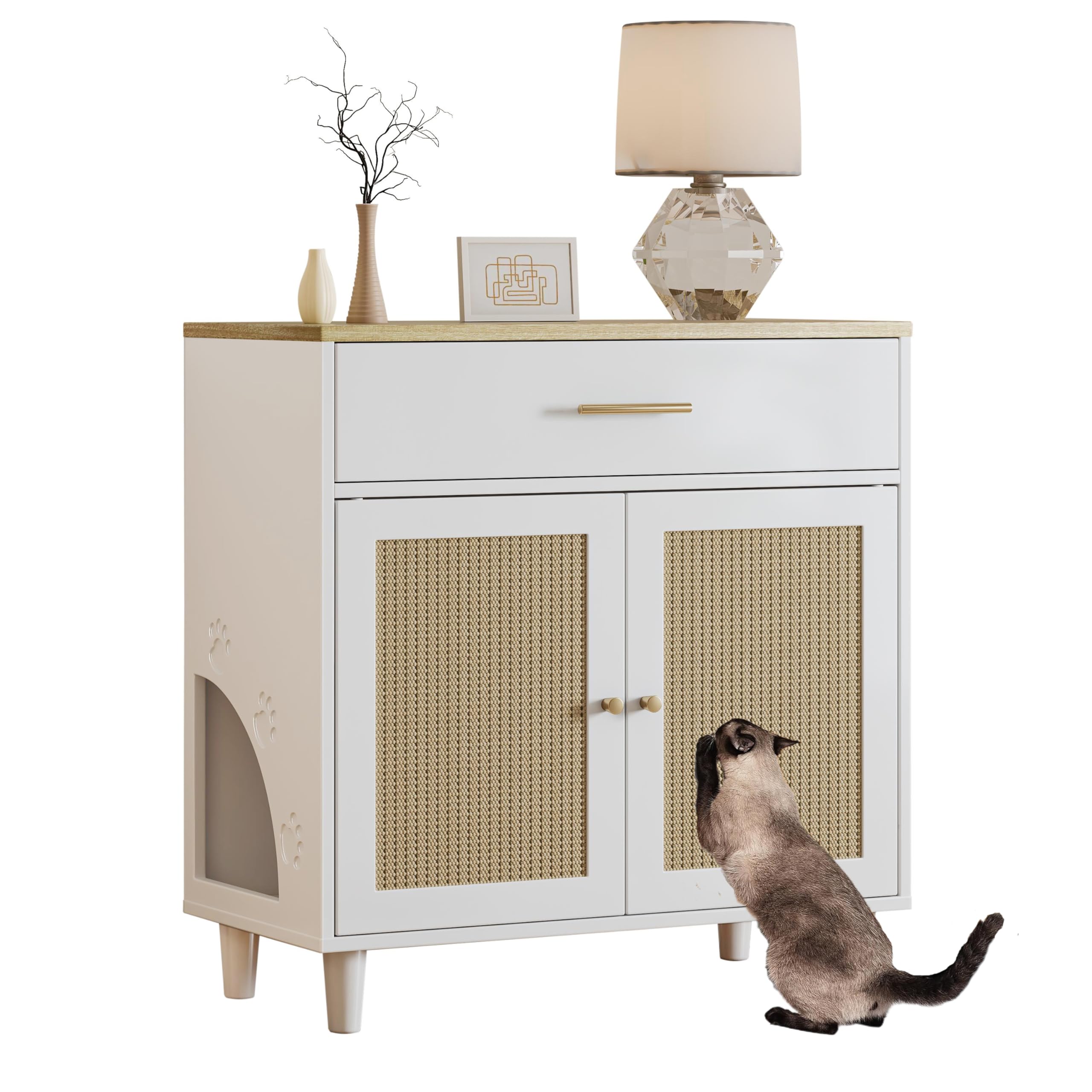 Hidden Cat Litter Box Furniture, 32'' Wood Litter Box Enclosure With Drawer and 2 Sisal Doors, Cat Kitty Litter Box Cabinet Side Cabinet With Storage White