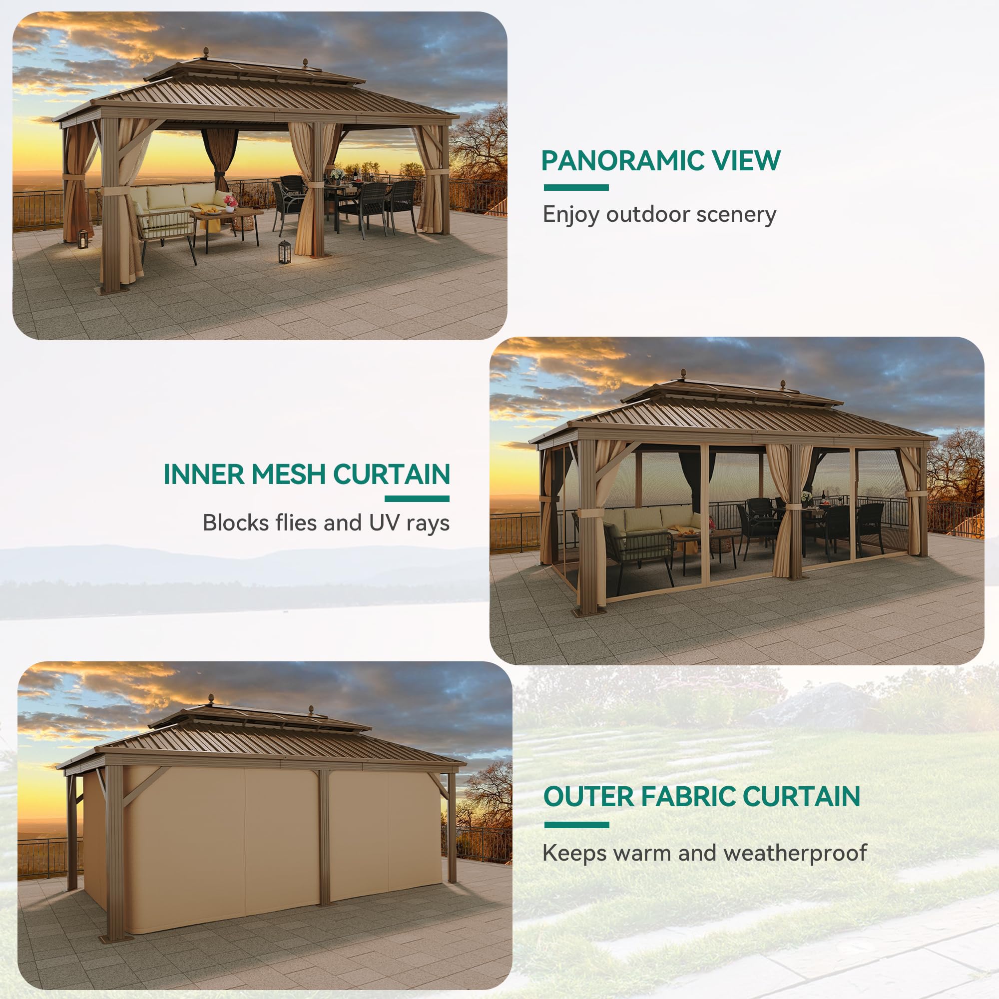 YITAHOME 12X20FT Hardtop Gazebo Double Roof Canopy Galvanized Iron Aluminum Pillar Garden Tent Curtains Netting for Patios Backyards Decks Lawns