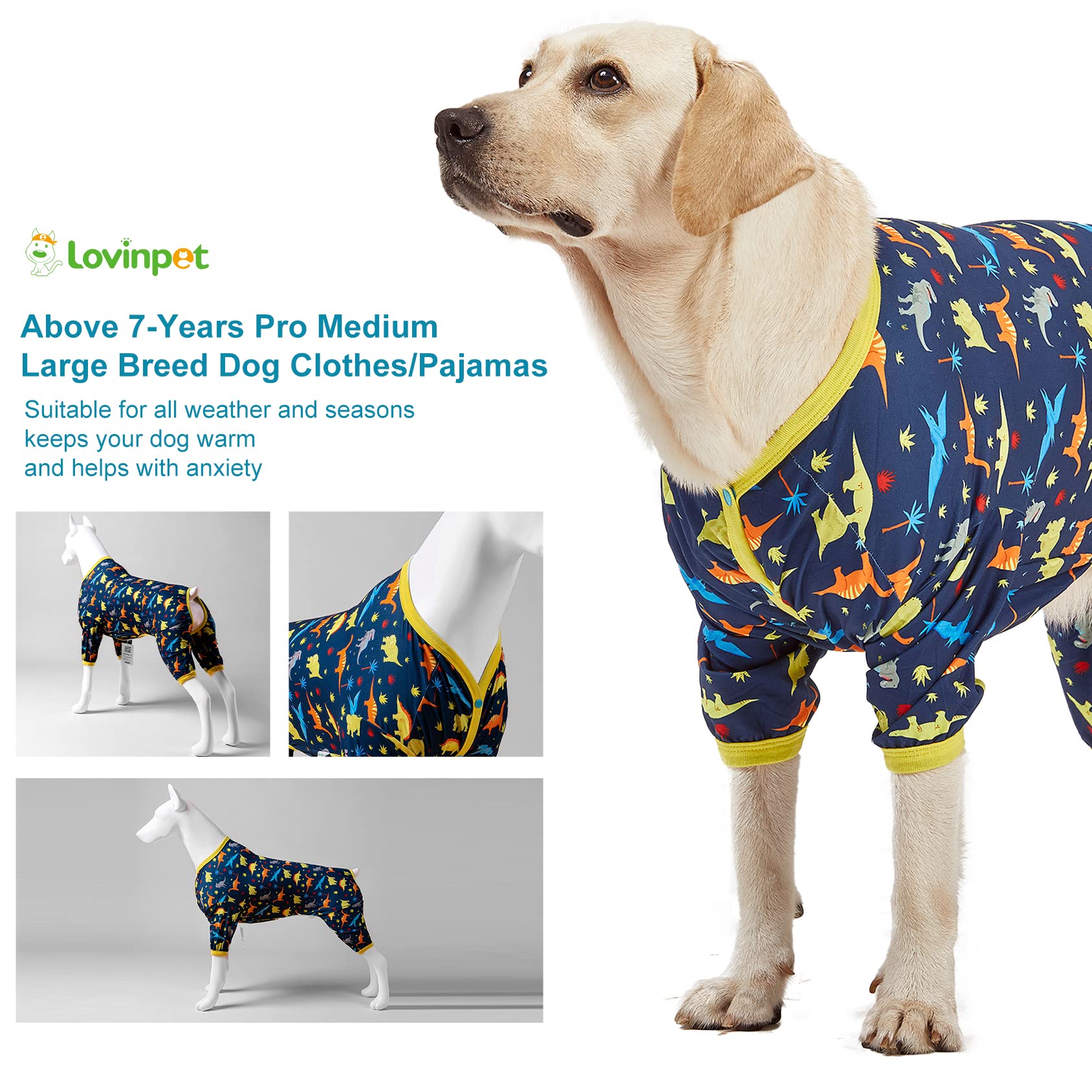 LovinPet Big Dog Pajamas for Large Dogs/Prehistoric Adventure Dinosaur Navy Print/Lightweight Stretchy Knit Pullover Dog Clothes/Large Dog Onesie, Pet Pajamas for Dogs, Pet PJ's/L