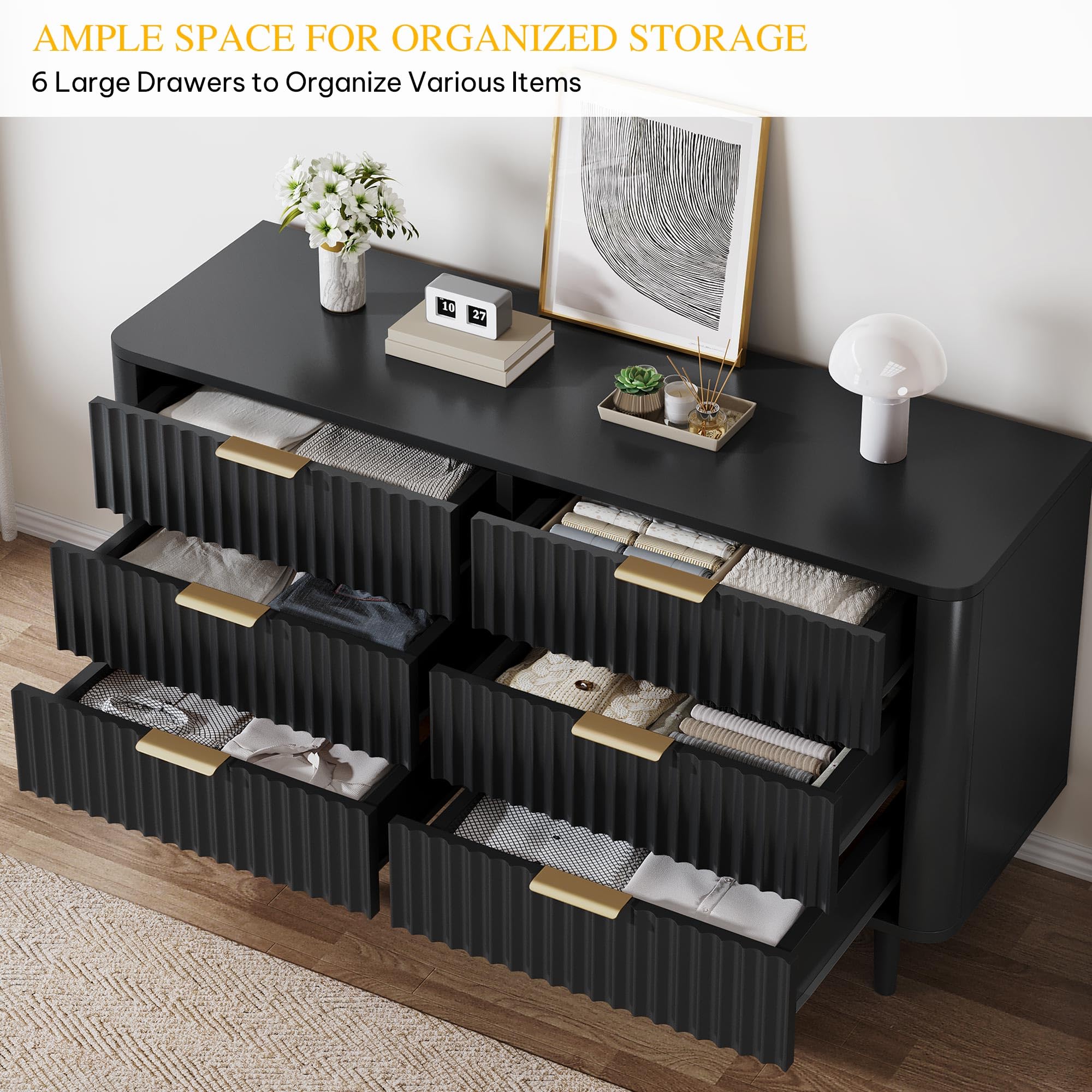 DWVO 6 Drawer Dresser with Fluted Panel, 47.2" Wide Modern Closet Dressers Chest of Drawers, Wood Storage Dresser Organizer for Bedroom, Dorms, Flats, Living Rooms, Hallways, Black