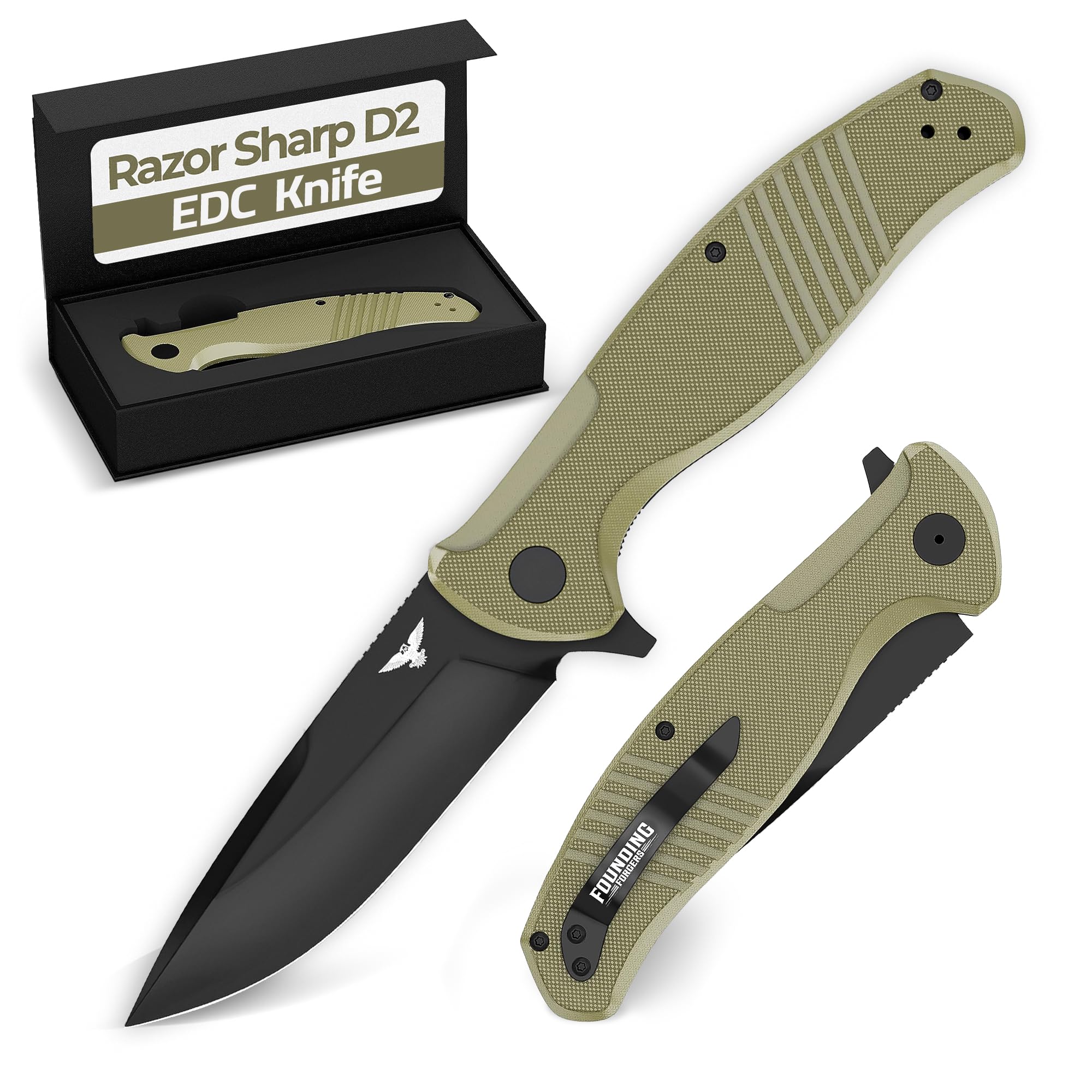 FOUNDING FORGERS D2 Pocket Knife For Men | Tactical EDC Knife With Case 3.75" D2 Knife Steel Flipper Mens Work Pocket Knife Pocket Knives & Folding Knives EDC For Men