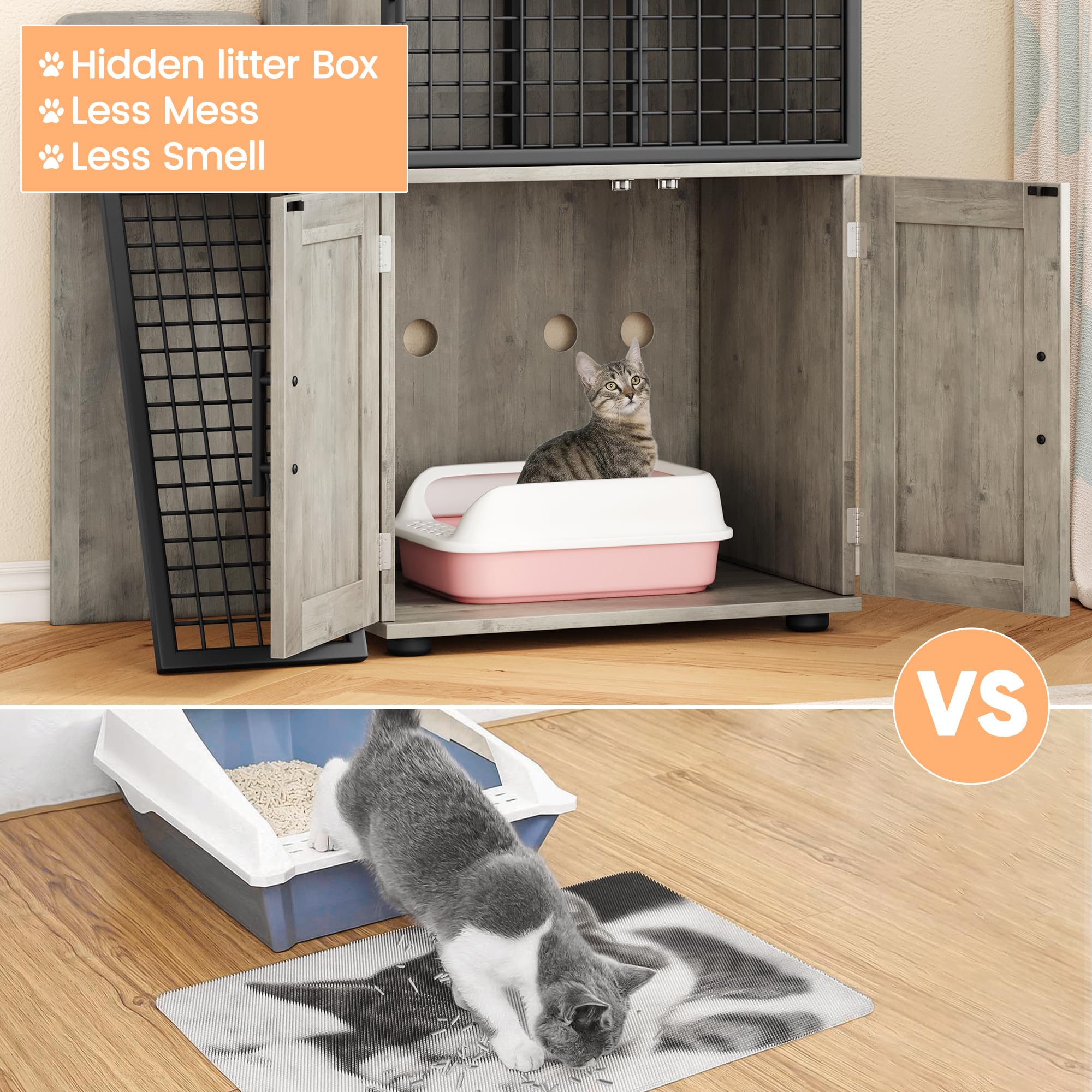 IDEALHOUSE Modern Cat Litter Box Enclosure with Platform, Double Layer Hidden Litter Box, Indoor Washroom, Villa Cat House with Ladder, 33.5" l x 17.9" w x 41.9" h,Grey