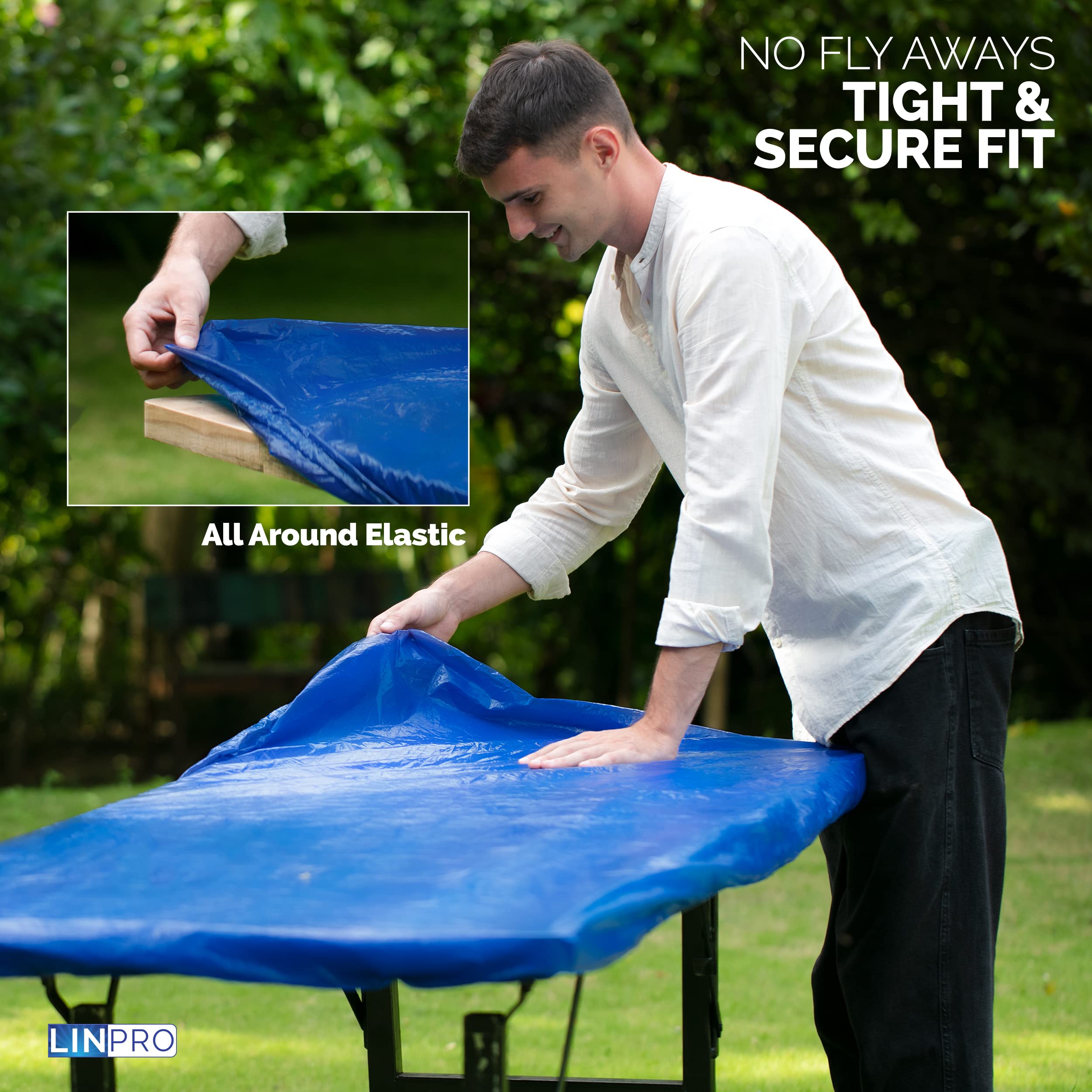 LINPRO 2Pk Plastic Table Cloths, 8ft Disposable Tablecloths for Parties & Folding Tables Waterproof Outdoor Fitted Camping Picnic Table Cover with Elastic Blue