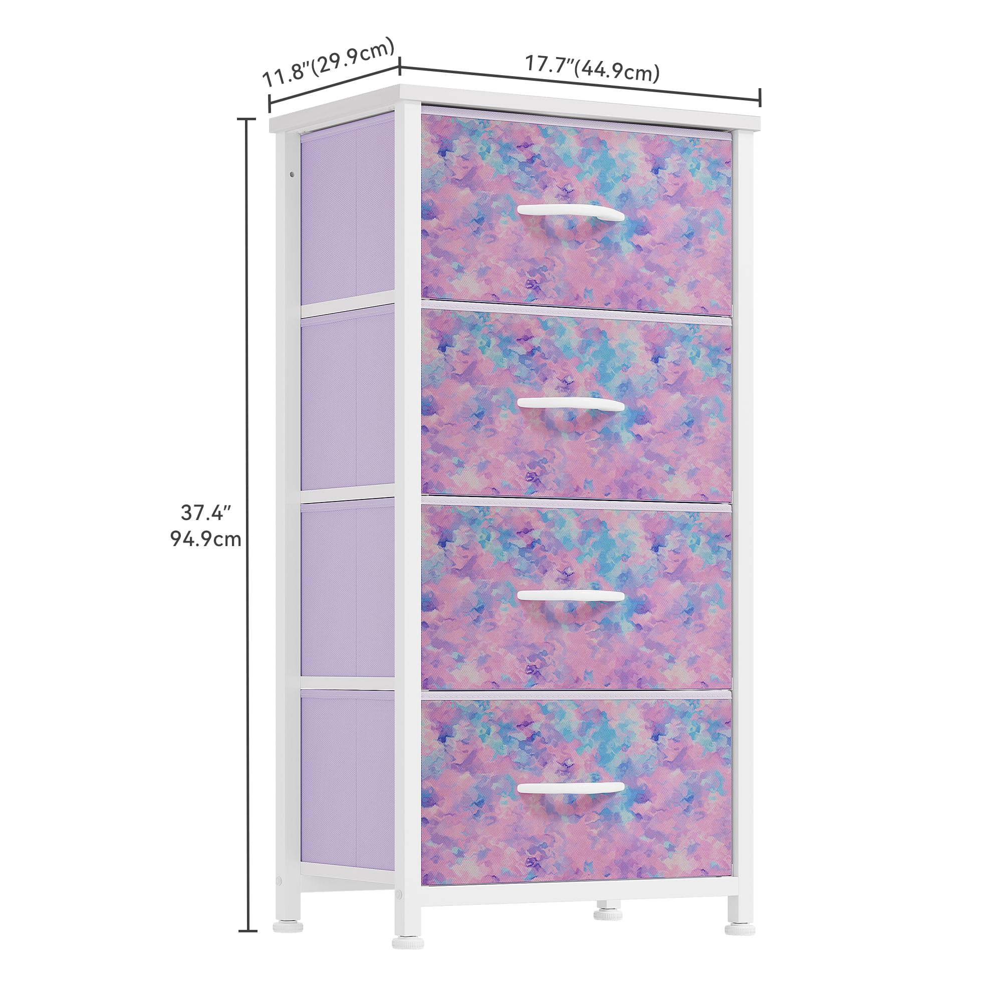 DWVO Dresser with 4 Drawers - Storage Tower Unit, Dresser for Bedroom, Living Room, Closets - Sturdy Steel Frame, Wooden Top & Easy Pull Fabric Bins, Purple