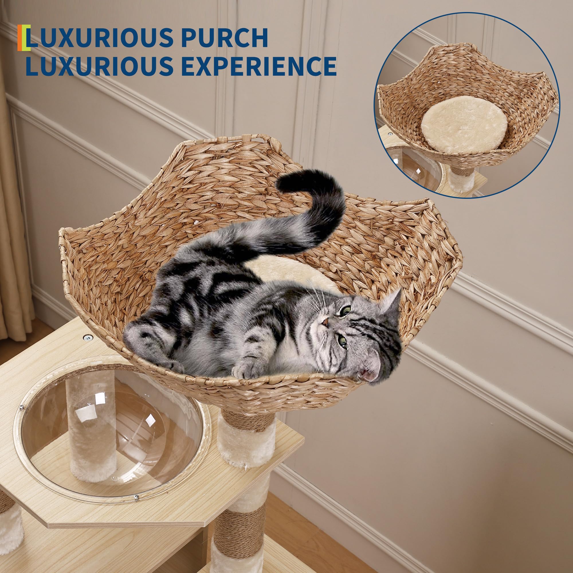 Cat Tree with Litter Box Enclosure, 2-in-1 Modern Cat Tower, 66.9-Inch Tall Cat Condo with Scratching Posts, Perch, Caves,Rattan Nest，Burlywood