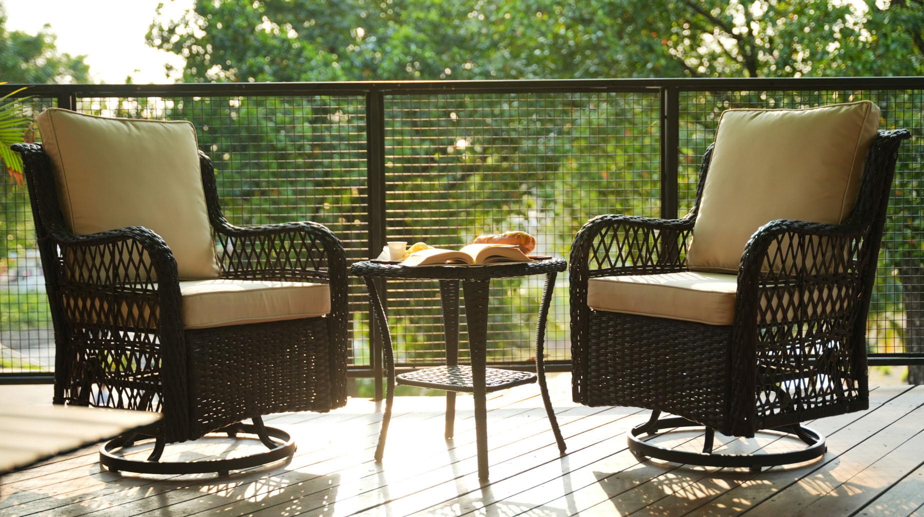 GarveeLife 3 Pieces Outdoor Swivel Rocker Chair Set Swivel Glider Rocker Rocking Chair Set with Glass Top Table with Thick Cushions for Backyard, Balcony, Deck,Outdoor, Brown Rattan and Beige Cushion