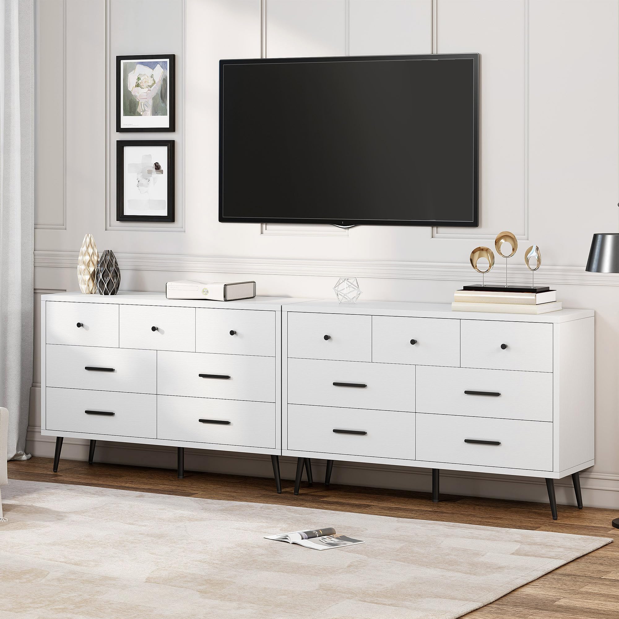 DWVO 7-Drawer Dresser in White Wood with Black Metal Handles, Anti-Tip Safety Feature, Modern Storage Cabinet for Living Room, Hallway, or Entryway