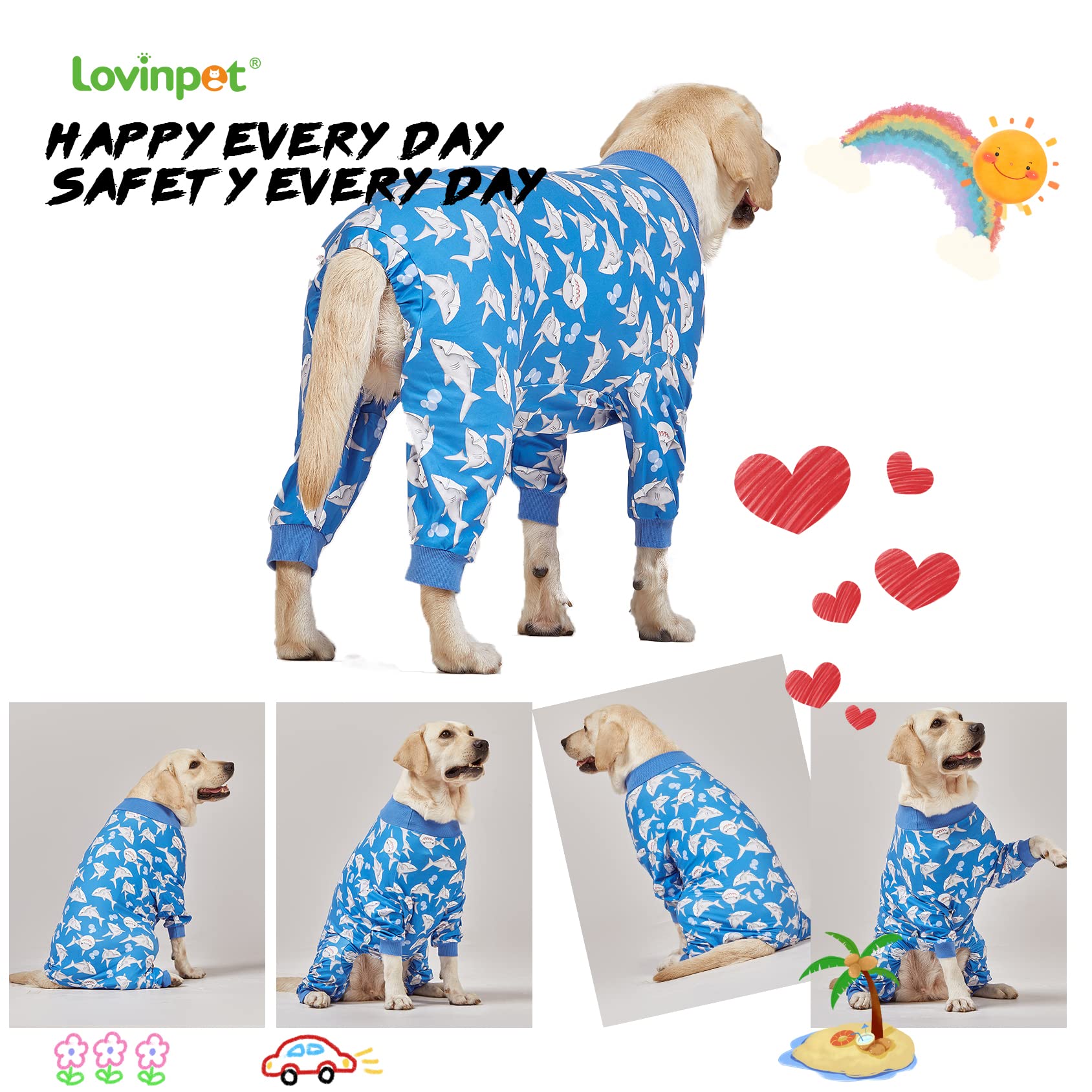 LovinPet Large Dog Pjs, UV Protection, Pet Anxiety Relief Onesies, Lightweight Stretchy, Blue Shark Print, Undershirt for Dog Sweaters and Coats, Large Breed Husky Pajamas, Pet PJ's/XXL