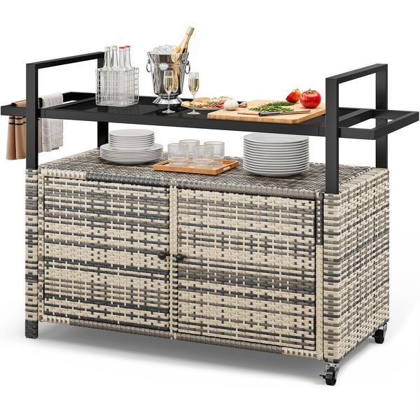 YITAHOME XL Outdoor Storage Cabinet, Outdoor Storage Cart with Wheels and Black Glass Table Top for Patio, Outdoor Cabinet for Poolside and Backyard (Gray Gradient)