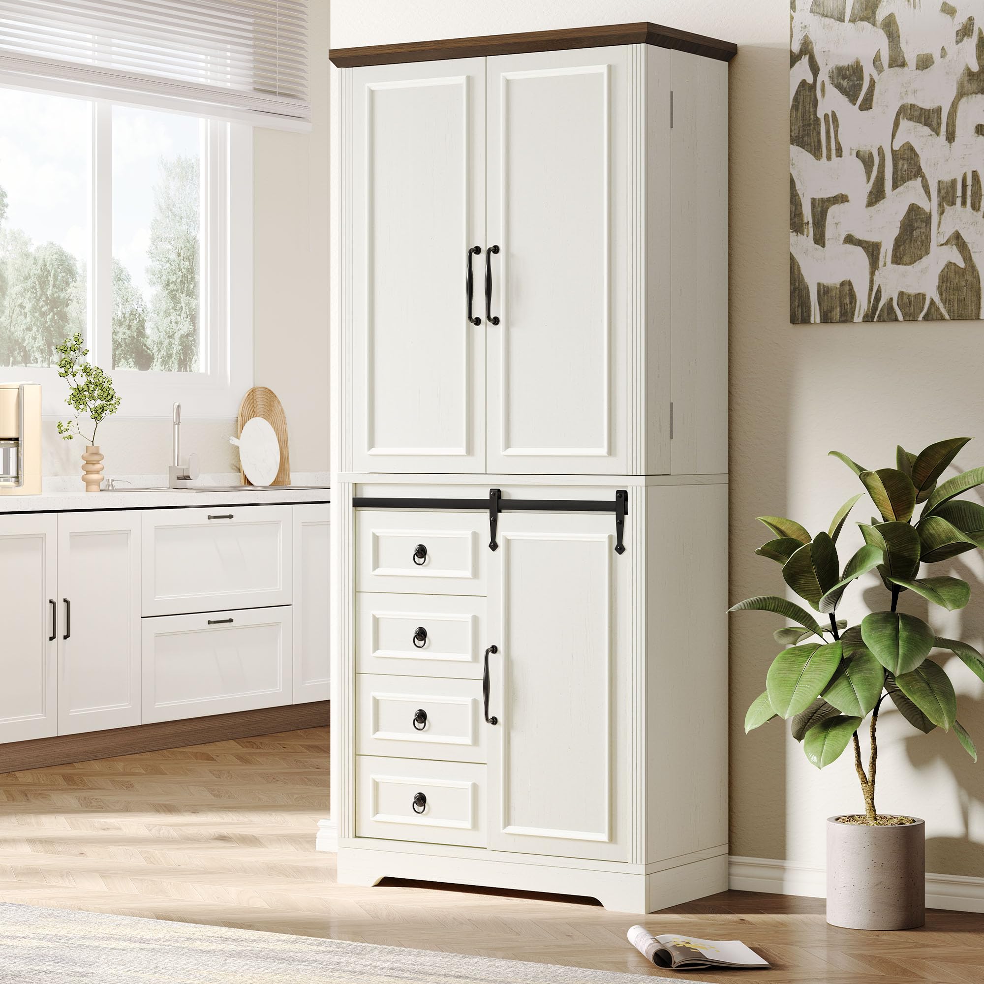 DWVO 71" Kitchen Pantry with Sliding Barn Door & Storage Drawers, Farmhouse Tall Storage Hutch Cabinet with Adjustable Shelves, Versatile Organizers for Living Room, Dining Room, Hallway, Off White