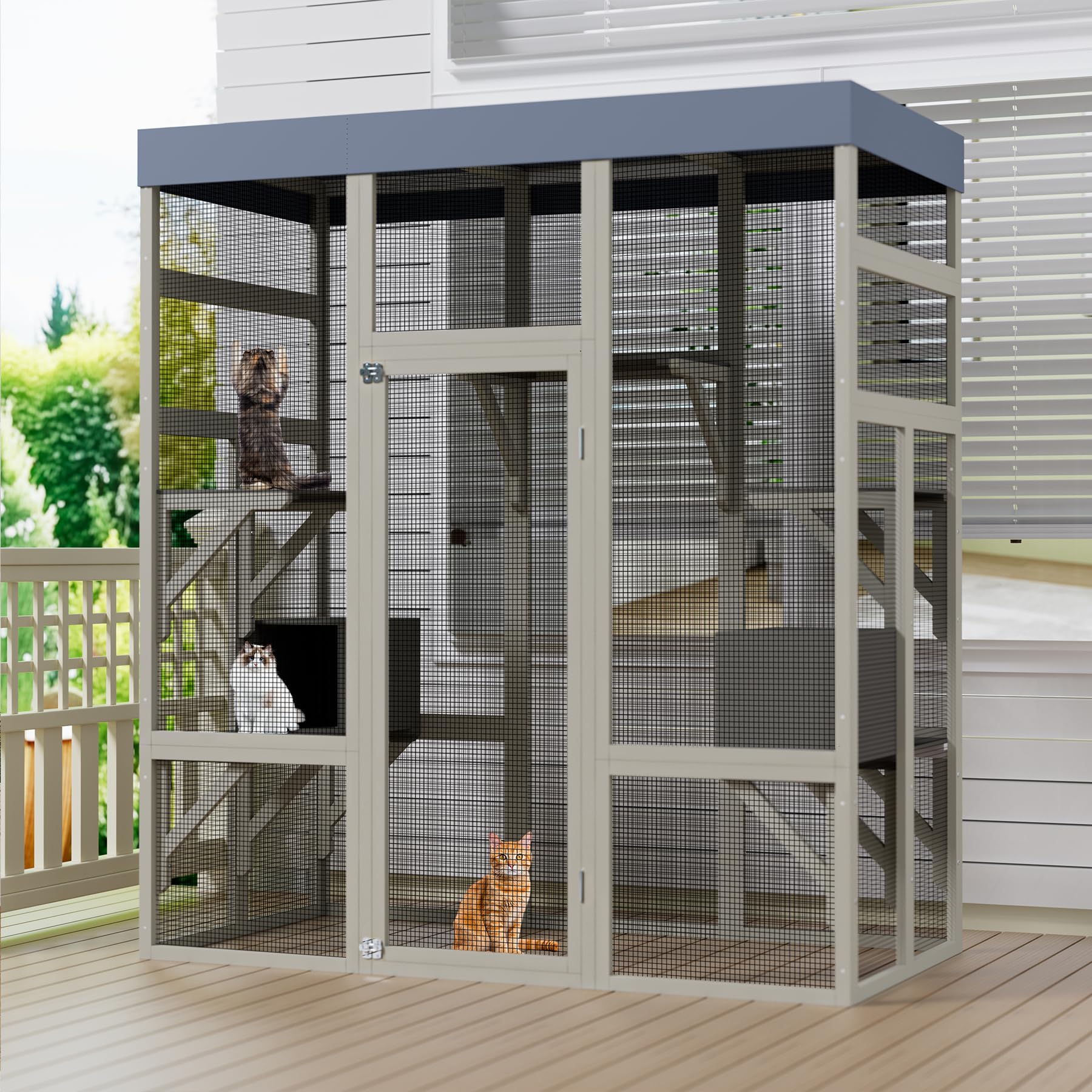 70” Catio Outdoor Cat Enclosure, Large Wood Cats House, Catio Window Cat Enclosure, Jumping Platform & 2 Napping Resting Box
