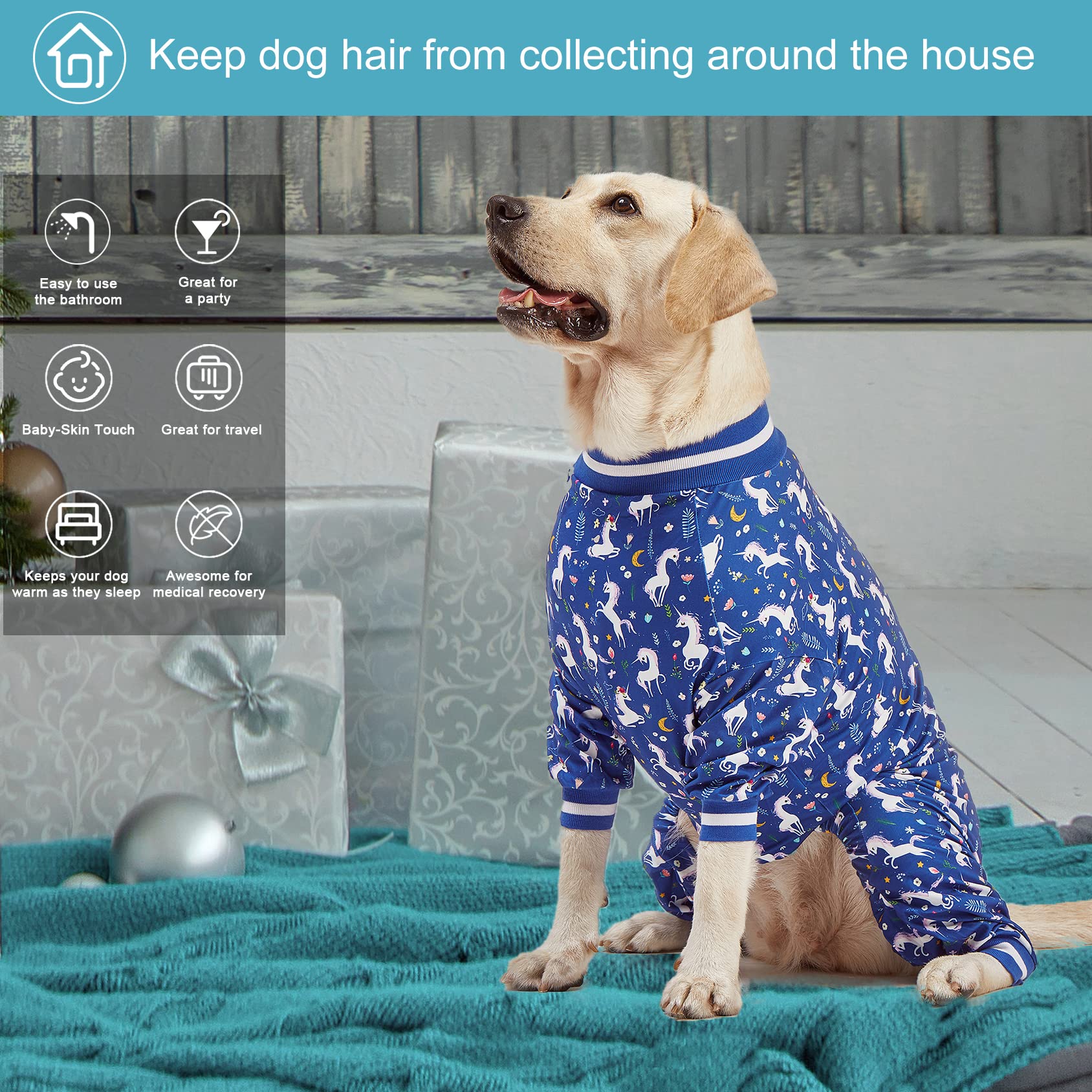 LovinPet Large Dog PJS Clothes: Wound Care/Post Surgery Mastiff Shirt, Lightweight Stretchy Knit Dog Pajamas, Mermaids & Unicorns Blue and White Print, Mastiff Pajamas, Pet PJ's/L