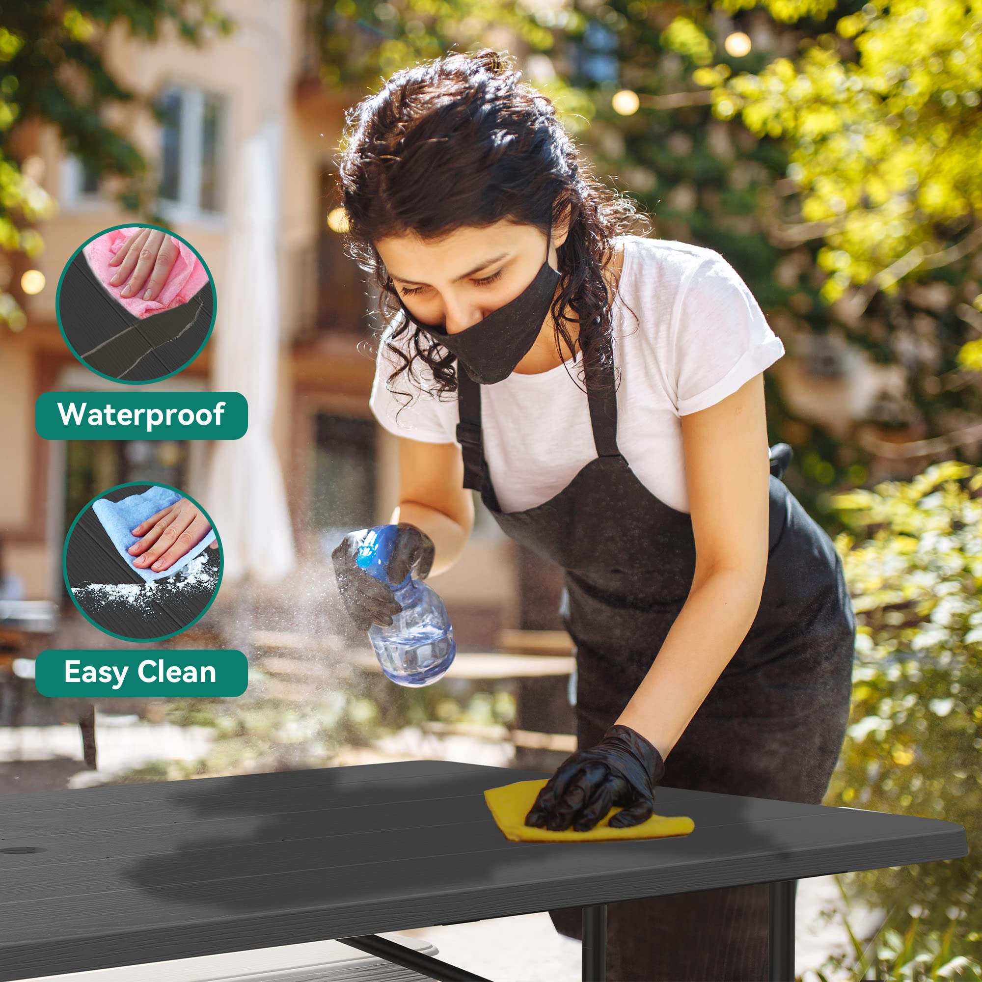 YITAHOME 6FT Large Folding Picnic Table w/Easy Assembly Steel Frame & Wood Like Tabletop, All Weather Folding Picnic Tables with Benches Ideal for Yard Patio Lawn Party, Black