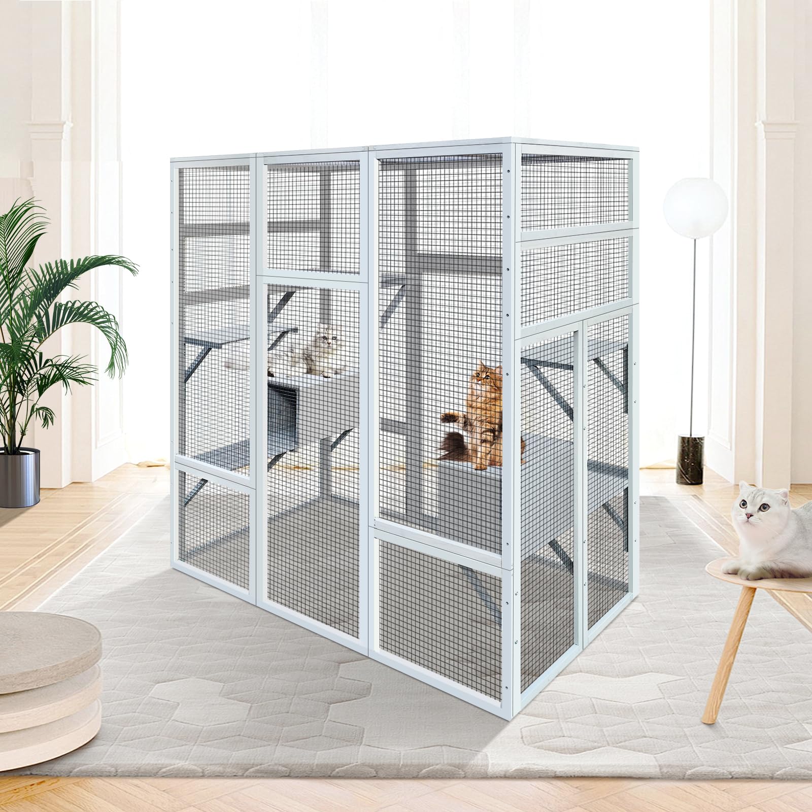 70'' Catio Outdoor Cat House, Cat Enclosure for Mulitiple Cats Large Walk in Cat Cage with Waterproof Cover, Feral Cat Shelter with 7 Platforms and 2 Resting Box Gray