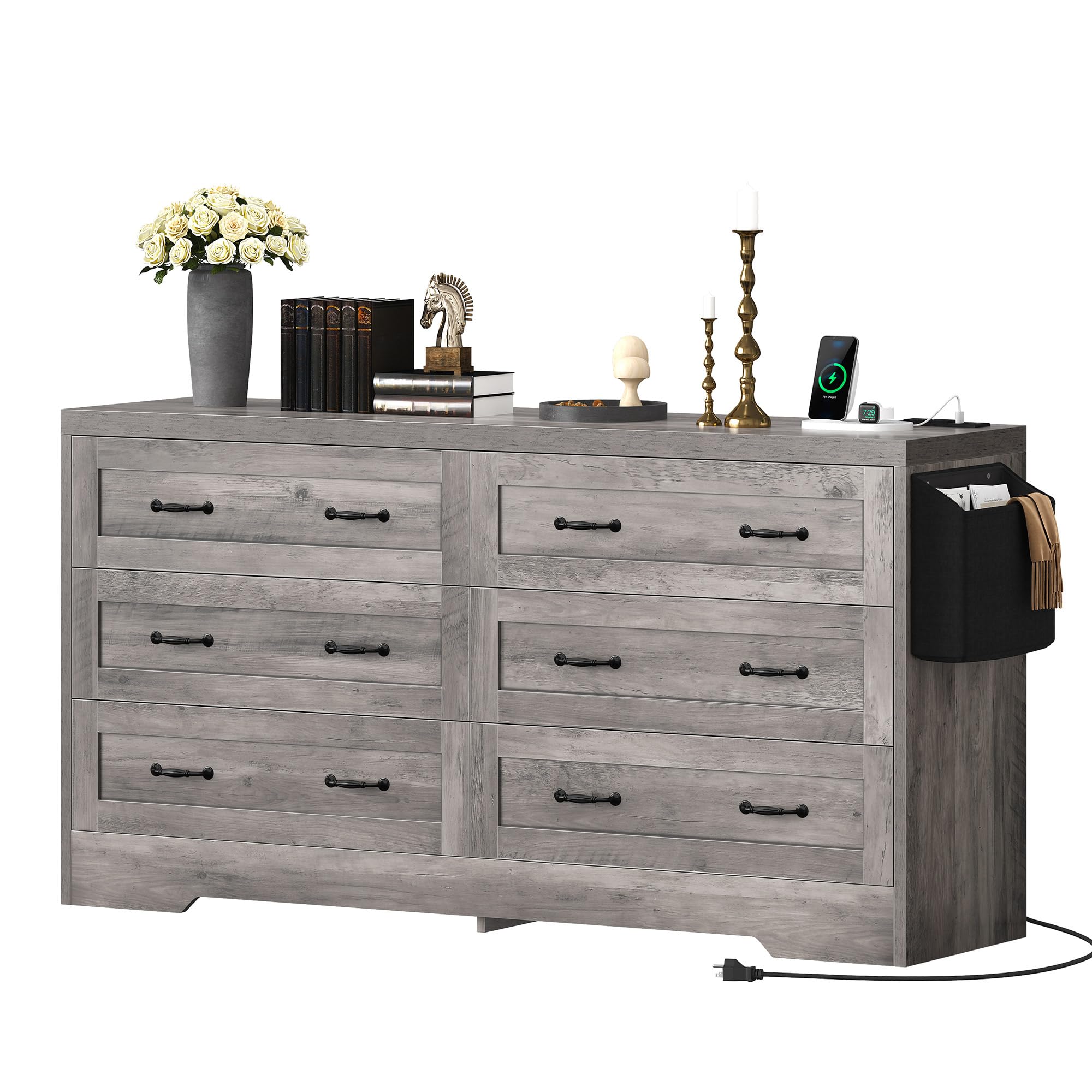 DWVO Farmhouse 6 Drawer Dresser for Bedroom, 59" Wide Large Modern Dresser TV Stand with Drawers & Bar Handles, Storage Dressers with Power Outlets, Rustic Wood Chest of Drawers, Grey