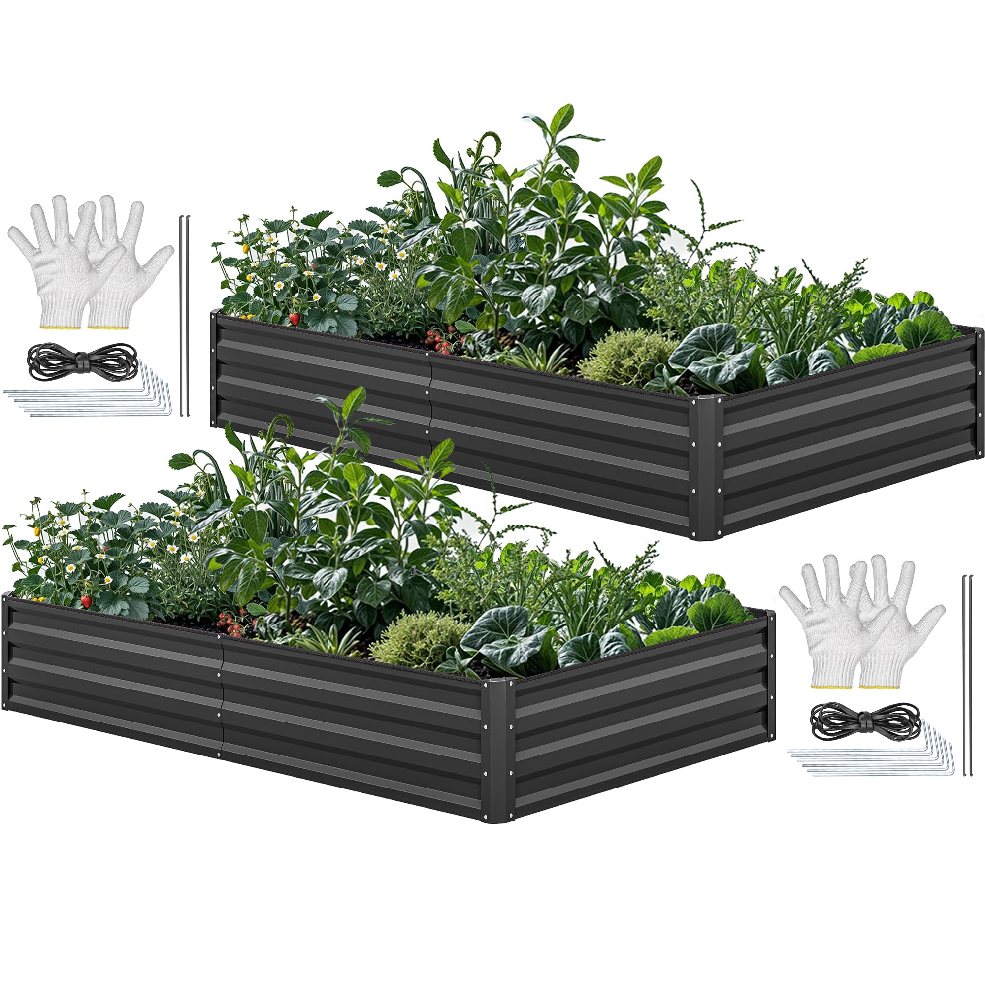 YITAHOME 8x4x1ft 2pcs Large Raised Garden Bed Kit, Galvanized Metal Planter Box with Gloves, Ground Nails & Safety Rubber, Outdoor Above Ground Planters for Plants Vegetables Flowers, Black