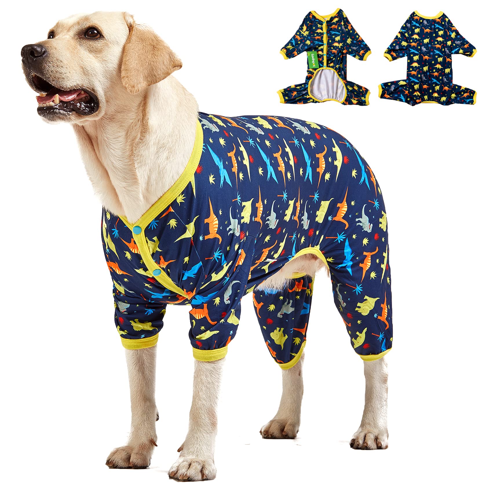 LovinPet Big Dog Pajamas for Large Dogs/Prehistoric Adventure Dinosaur Navy Print/Lightweight Stretchy Knit Pullover Dog Clothes/Large Dog Onesie, Pet Pajamas for Dogs, Pet PJ's/L