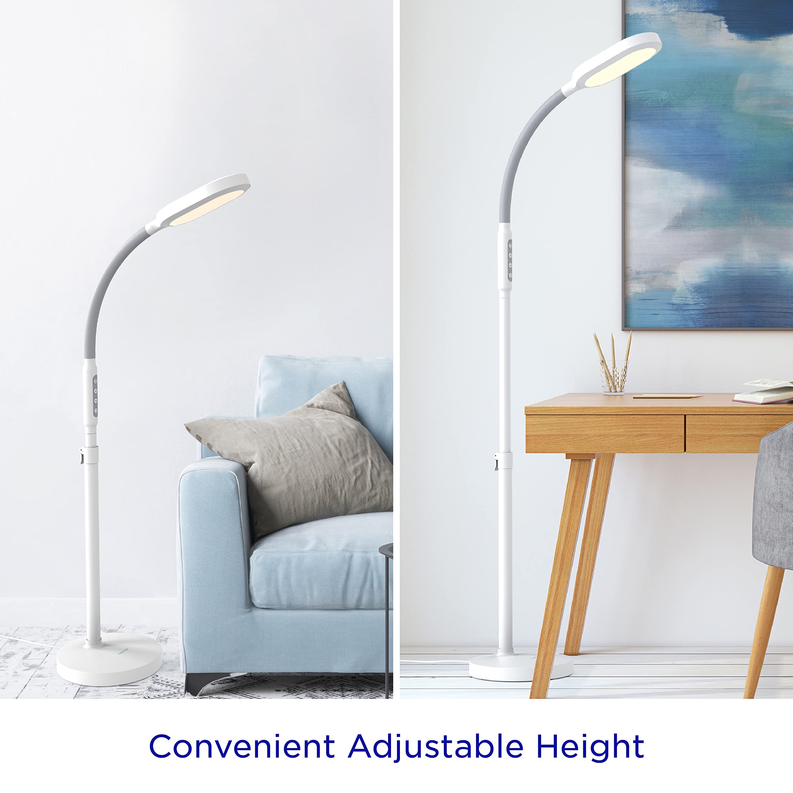 Verilux HappyLight Duo - 2-in-1 Light Therapy & Task Floor Lamp - UV-Free Full Spectrum LED, 10,000 LUX, Adjustable Brightness and Color, Flexible Gooseneck, and Adjustable Height