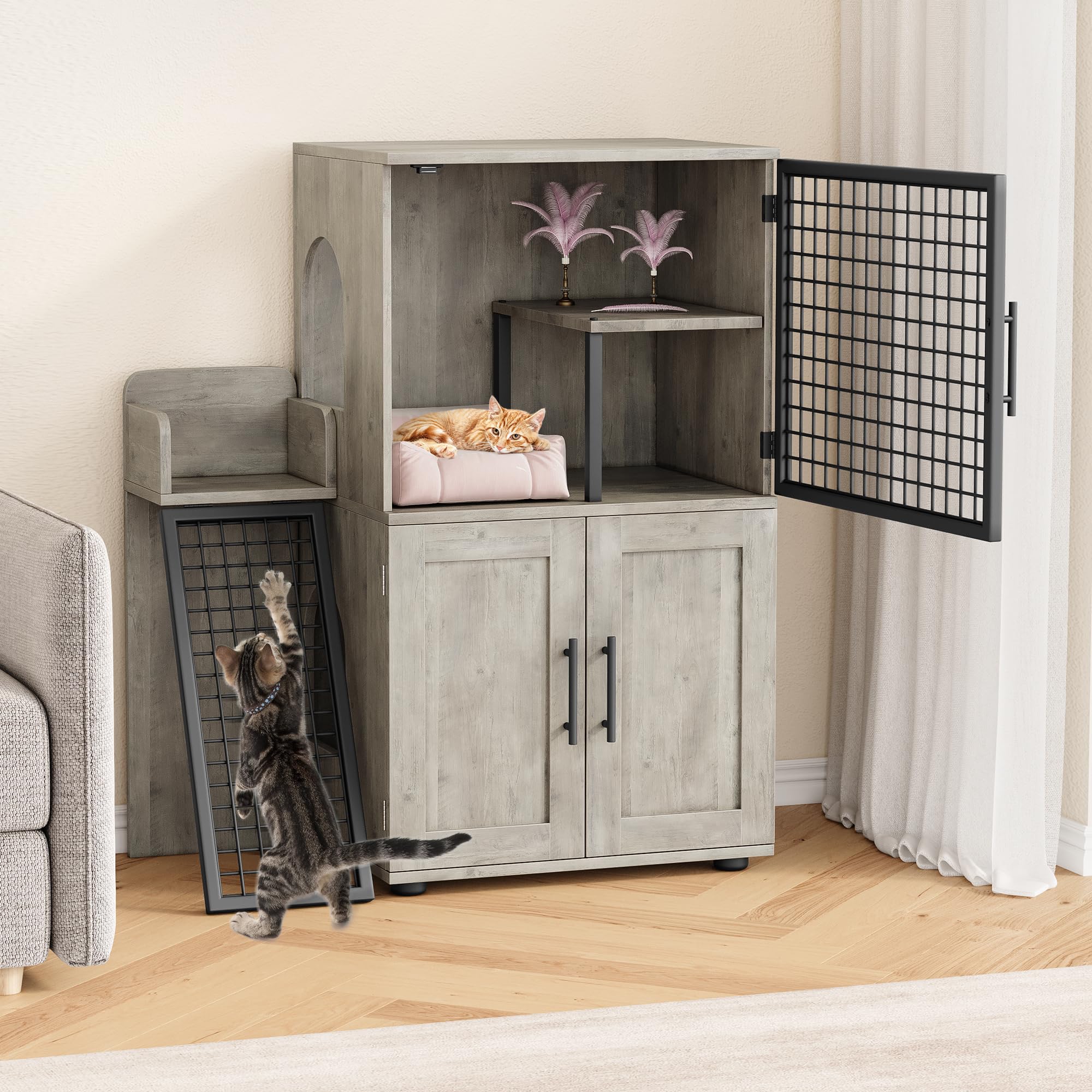 IDEALHOUSE Modern Cat Litter Box Enclosure with Platform, Double Layer Hidden Litter Box, Indoor Washroom, Villa Cat House with Ladder, 33.5" l x 17.9" w x 41.9" h,Grey