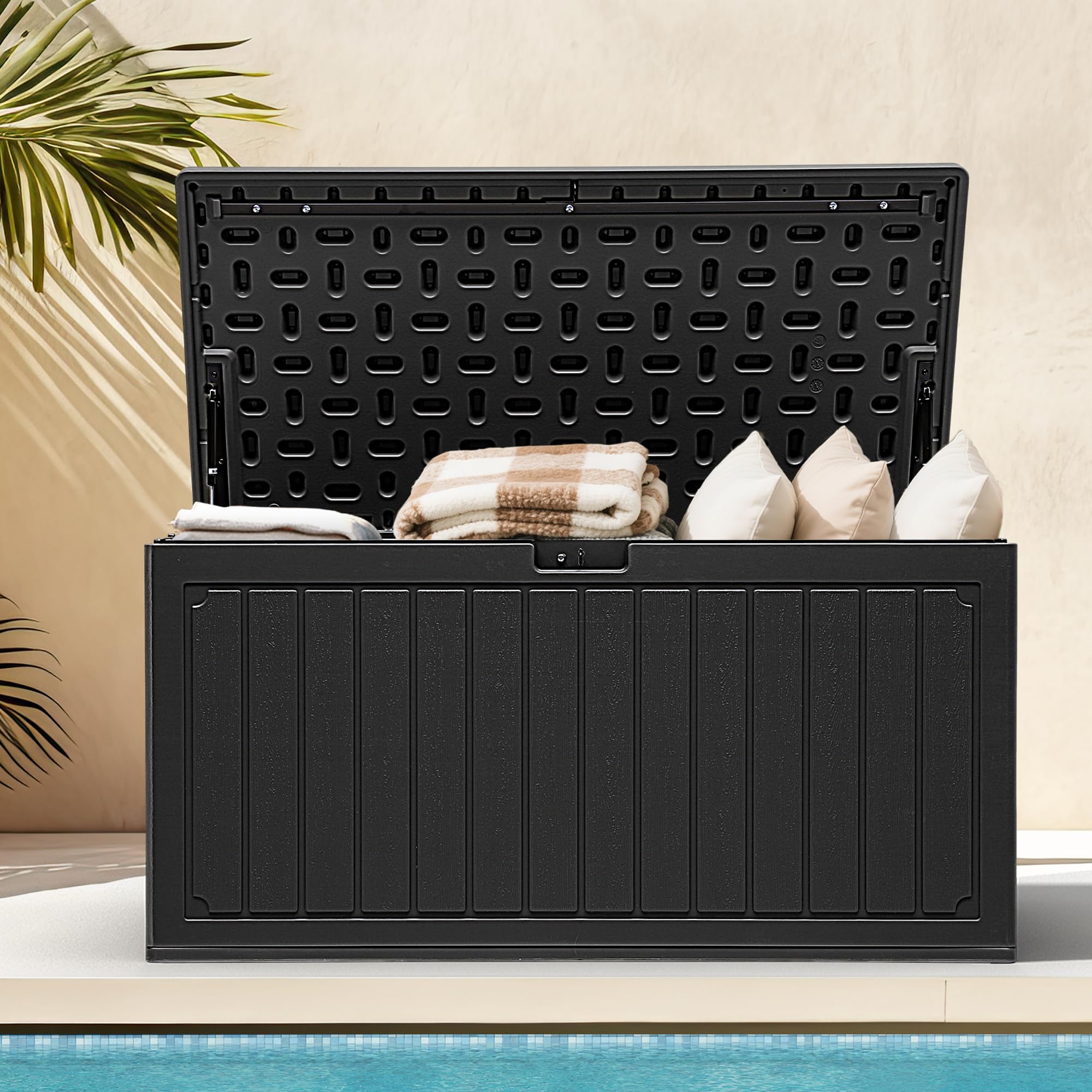 DWVO 90 Gallon Resin Outdoor Storage Box, XXL Double-Wall Waterproof Deck Box, Doubles as Table or Seating with 450 lbs Capacity, Lockable (Black)