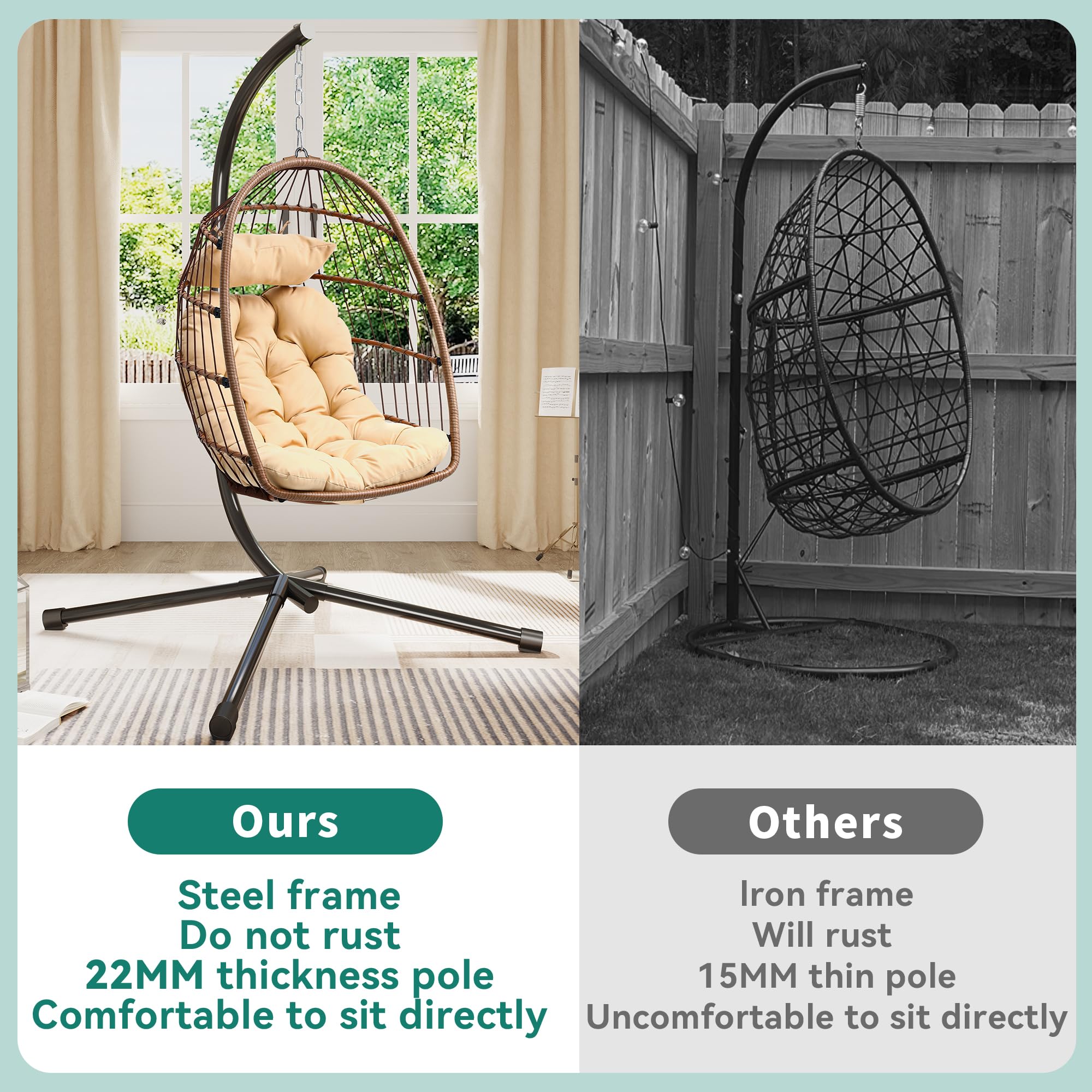 YITAHOME Hanging Egg Swing Chair Outdoor Wicker Hammock Chairs Indoor Without Stand UV Resistant Cushion 350lbs for Patio, Bedroom, Garden and Balcony, Beige