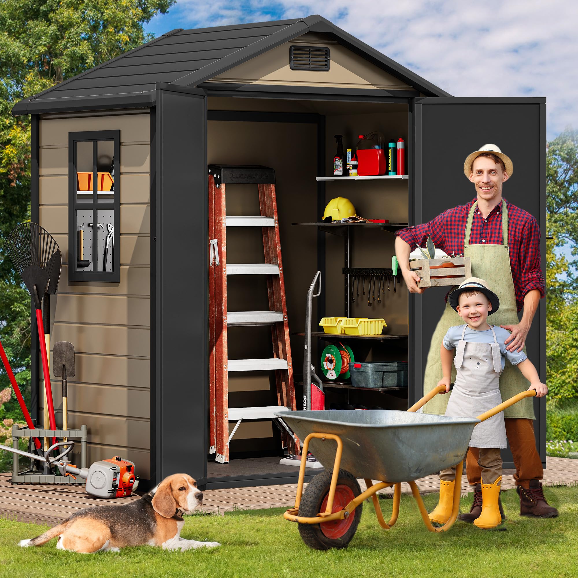DWVO 6.2x3.4 FT Outdoor Resin Storage Shed with Floor, All-Weather Bike Storage Shed with Lockable Door, Window and Vent, Waterproof Plastic Tool Storage for Garden, Backyard, Patio, Lawn, Brown
