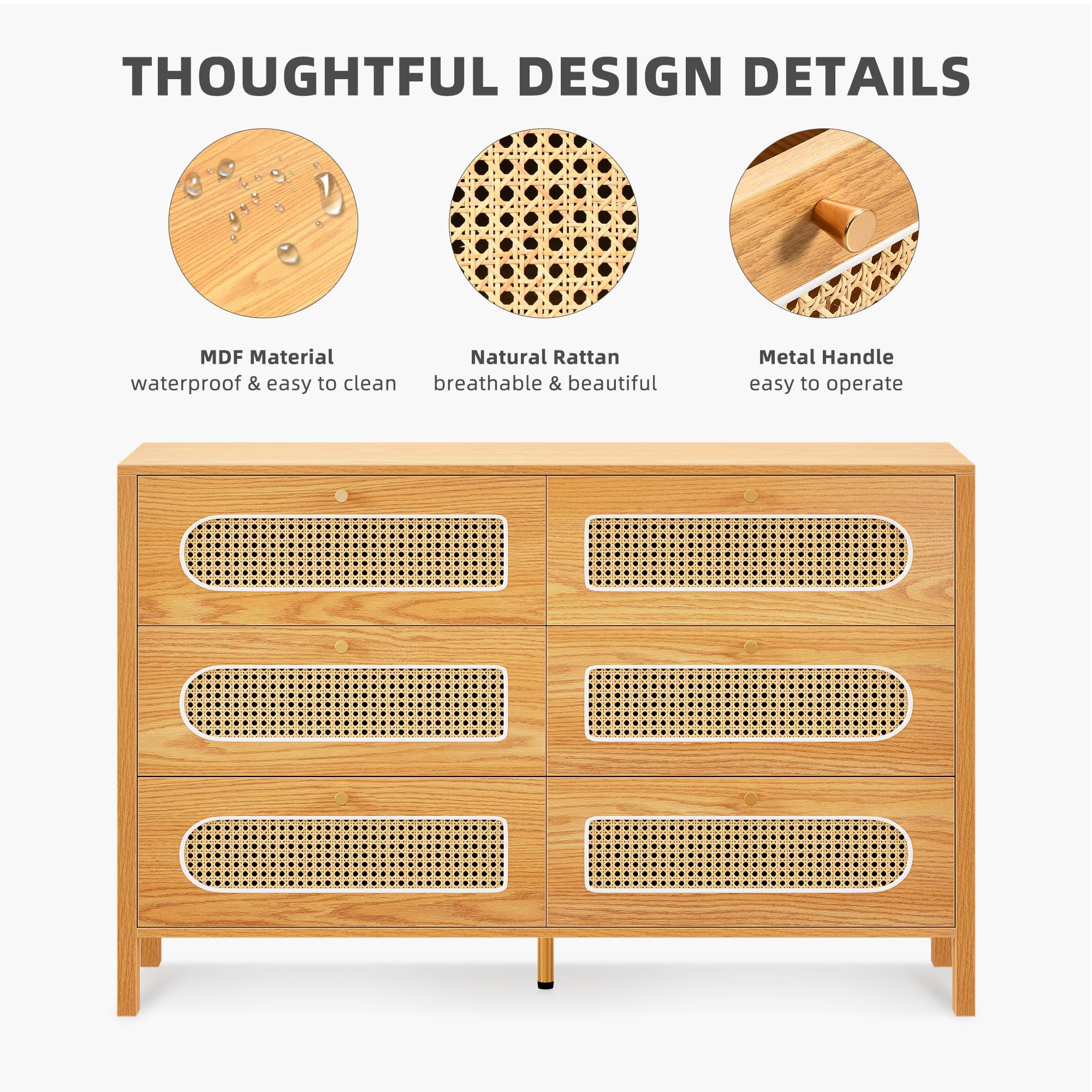 DWVO Buffet Cabinet Rattan - Storage Cabinet with 6 Wood Storage Closet Dressers Chest - Coffee Bar Cabinet with Drawer-Accent Cabinet with Golden Handles for Living Room/Dining Room/Entryway-Natural