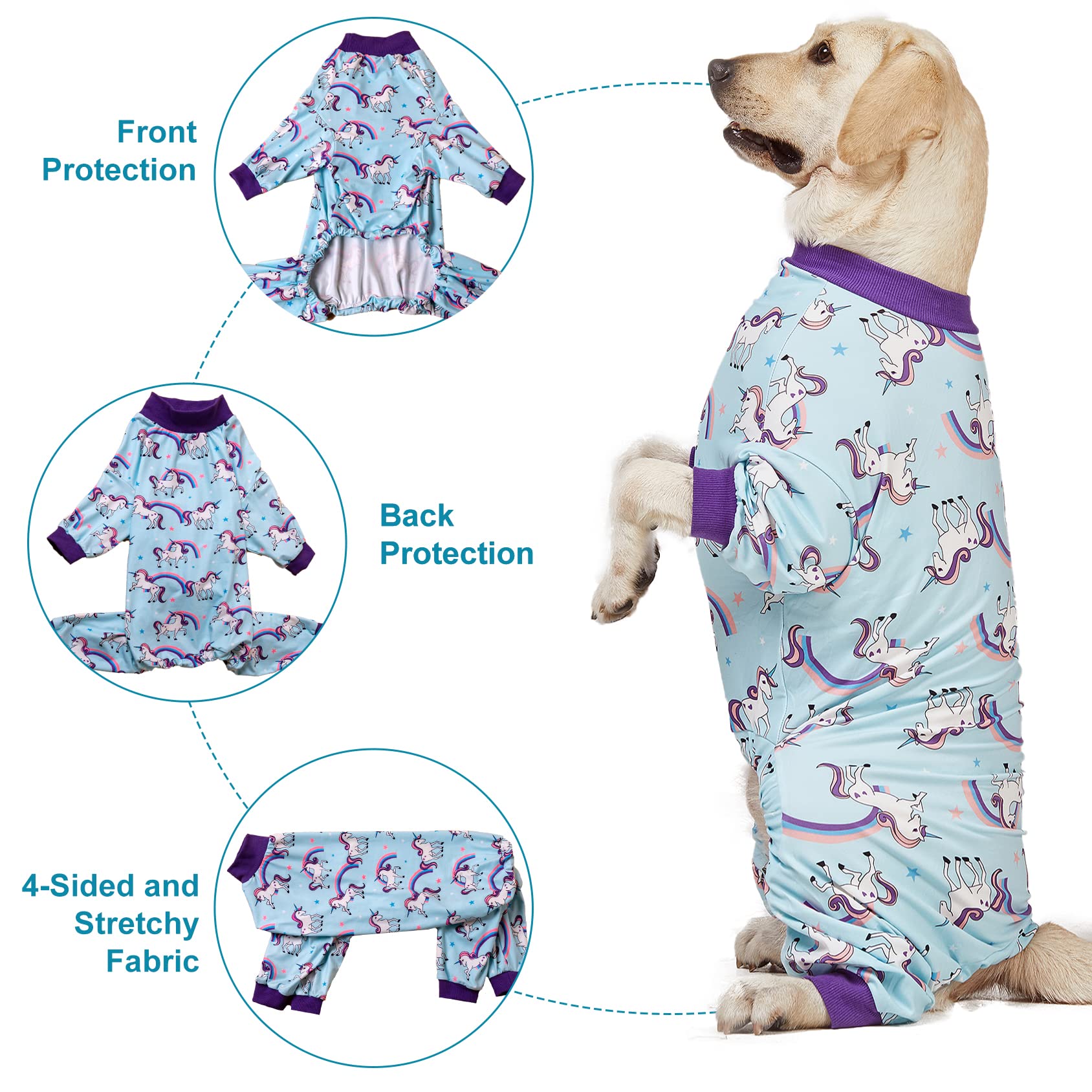 LovinPet Large Dog Pajamas PJS, Wound Care/Post Surgical Recovery Shirt for Big Dogs, Lightweight Stretchy Pullover Dog Onesie, Stop Shedding for Dogs, Magical Unicorn Rainbow Print, Pet PJ's, 2XL