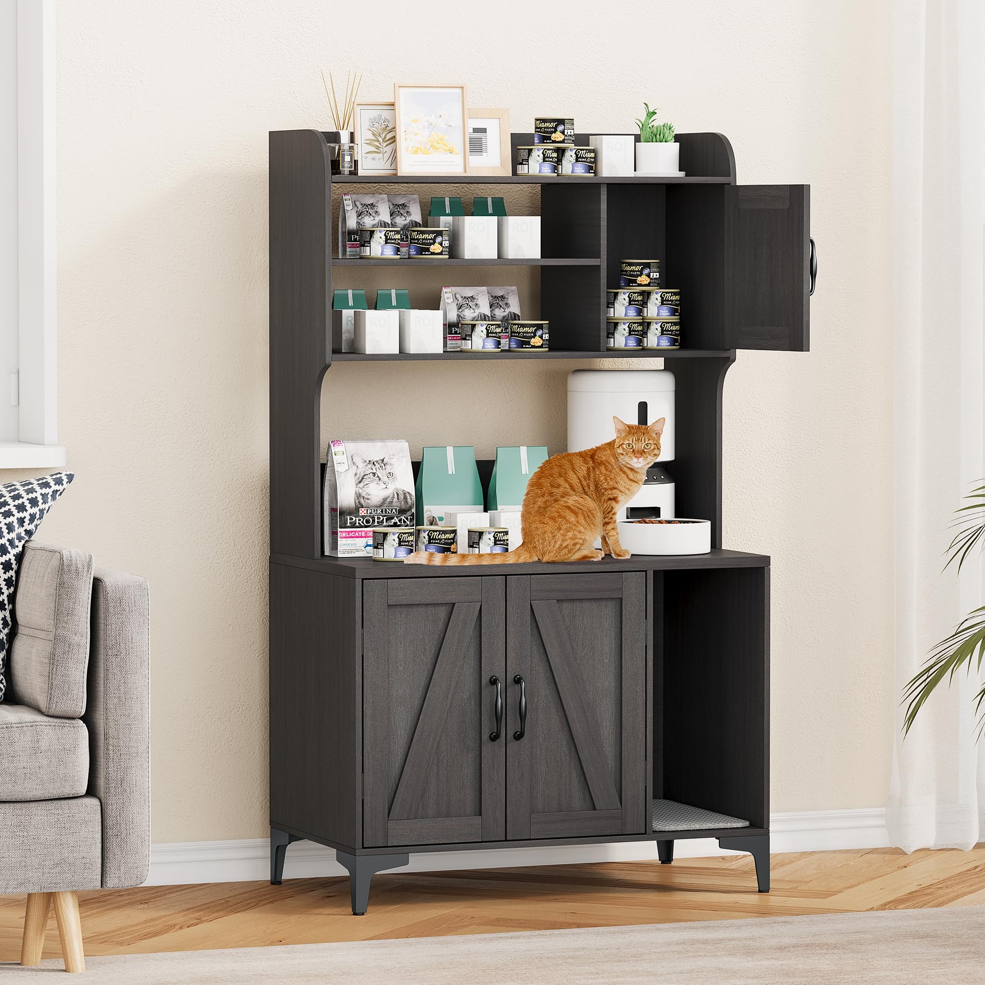 IDEALHOUSE Cat Litter Box Enclosure with Shelves and Doors,Wood Sturdy Hidden Litter Box Furniture,Indoor Cat House Furniture for Most of Litter Box,Litter Box Cabinet,Walnut Color