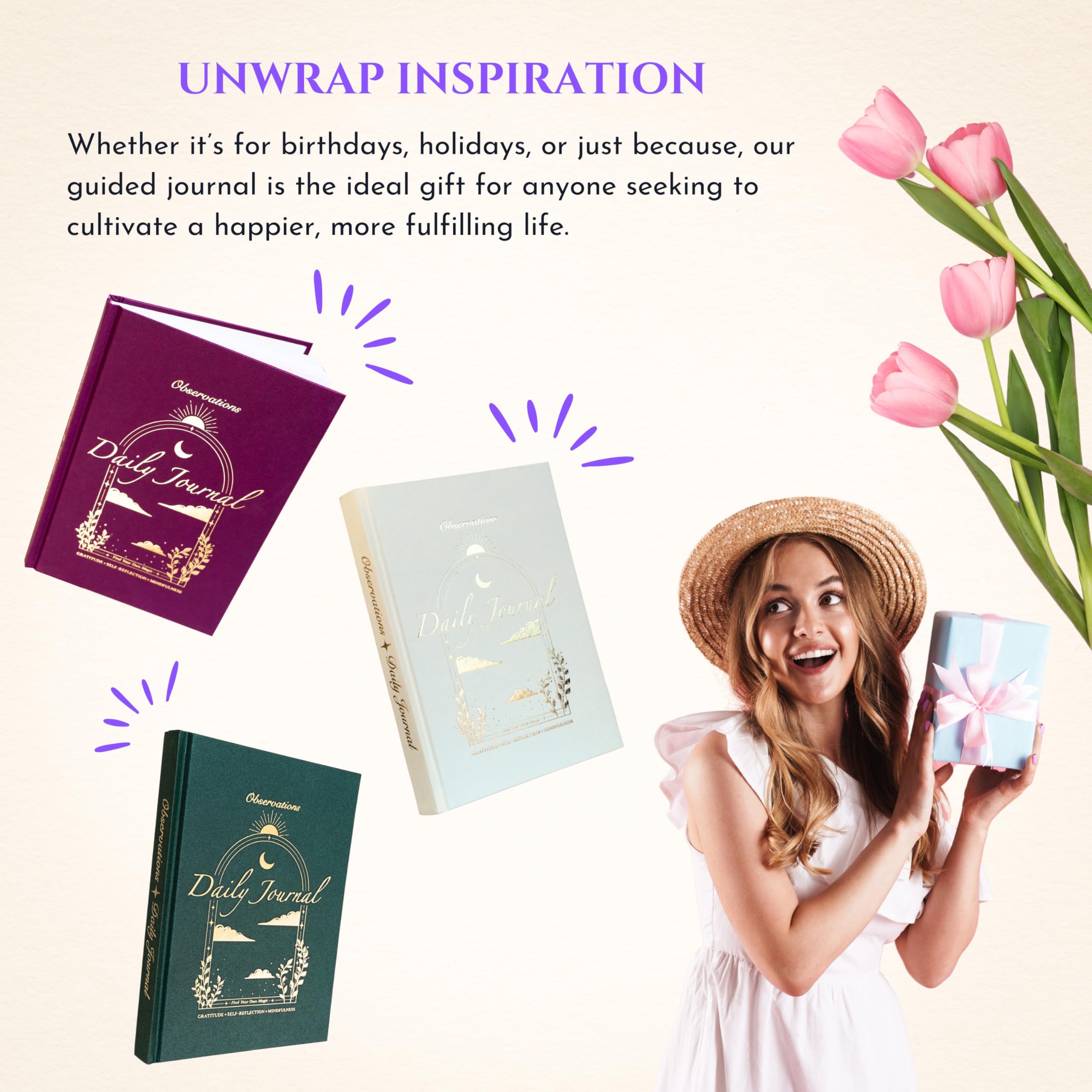 Gratitude Journal for Women & Men - Daily Mental Health Journal for Self Love, Mindfulness, Manifestation | Self Care & Spiritual Birthday Gift for Women | Guided Diary with Prompts - Observations