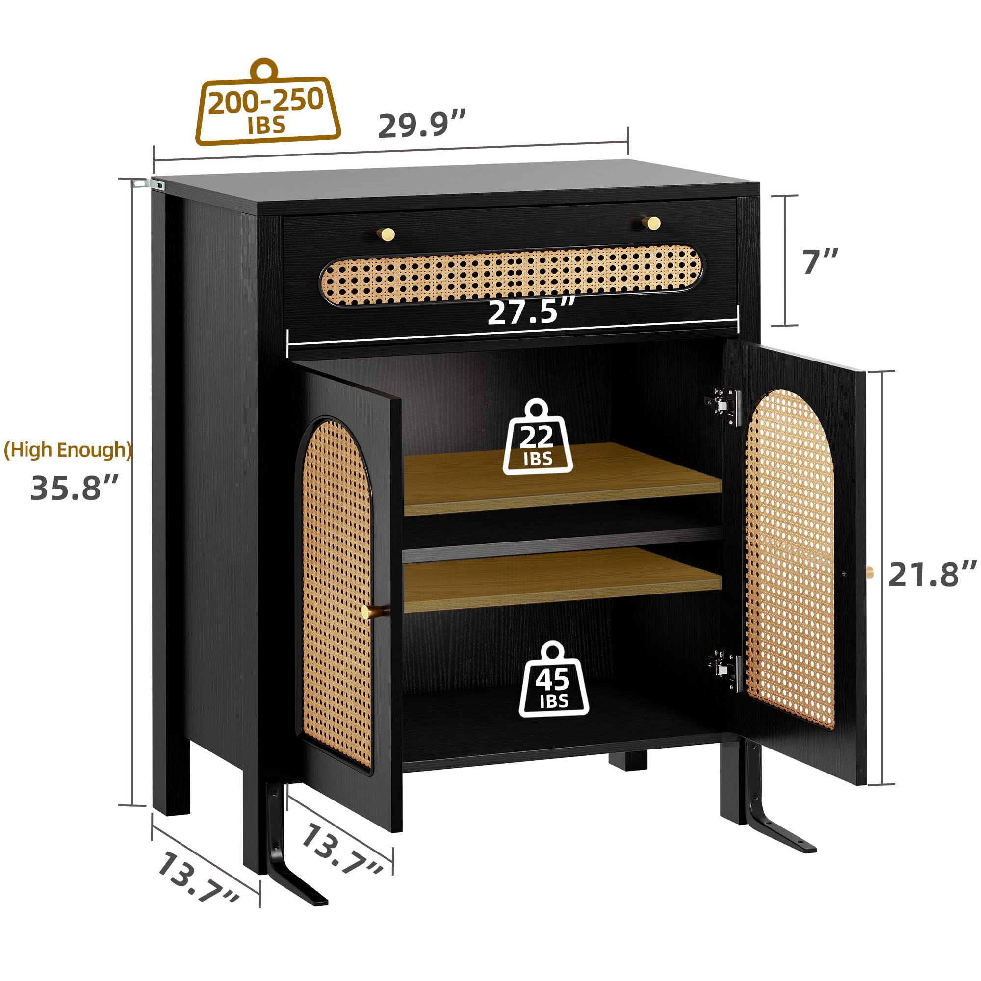DWVO Rattan Drawer Dresser with Doors and Adjustable Shelves - Bathroom Cabinet with Large Drawer-Accent Cabinet Sideboard for Living Room/Entryway - Black