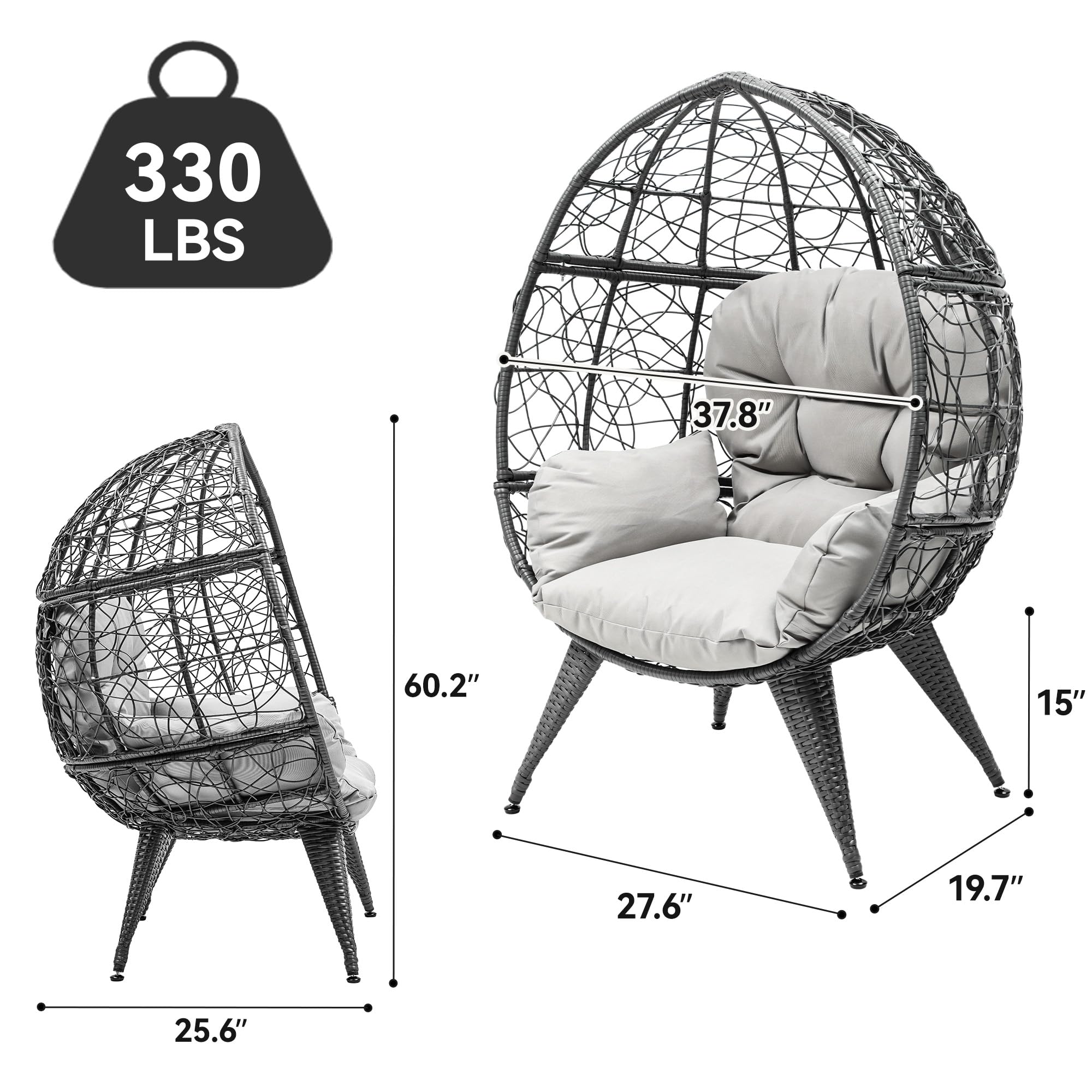 YITAHOME Oversized Wicker Egg Chair for Indoor and Outdoor Use with Stand, Cushion, and Leveling Feet, Large Lounger for Patio, Garden, Backyard, Balcony, Supports up to 330lbs, Grey