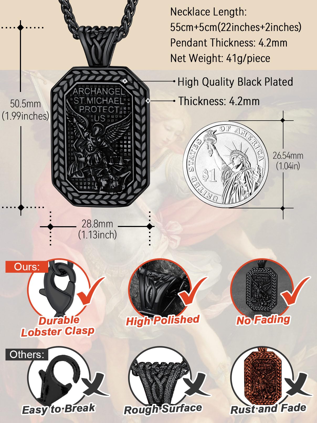 FaithHeart St. Michael Medal Necklace Catholic Dog Tag Pendant Masculine Protective Jewelry High Polished Tarnish Resistant