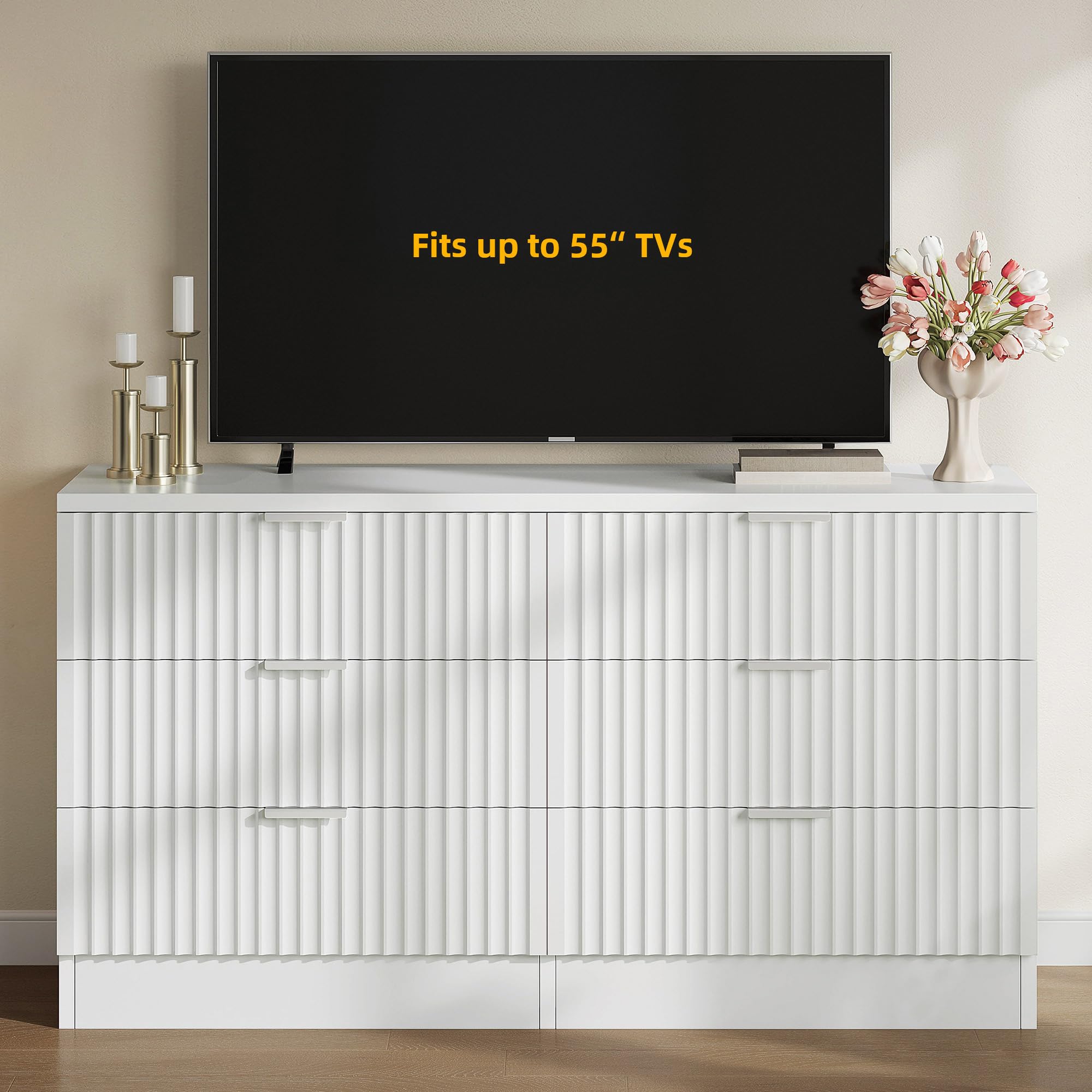 DWVO 6 Drawer Dressers, High Gloss White Dressers Drawers with Fluted Panel, Wide Versatile TV Stand Cabinet Table for Kitchen and Office, White