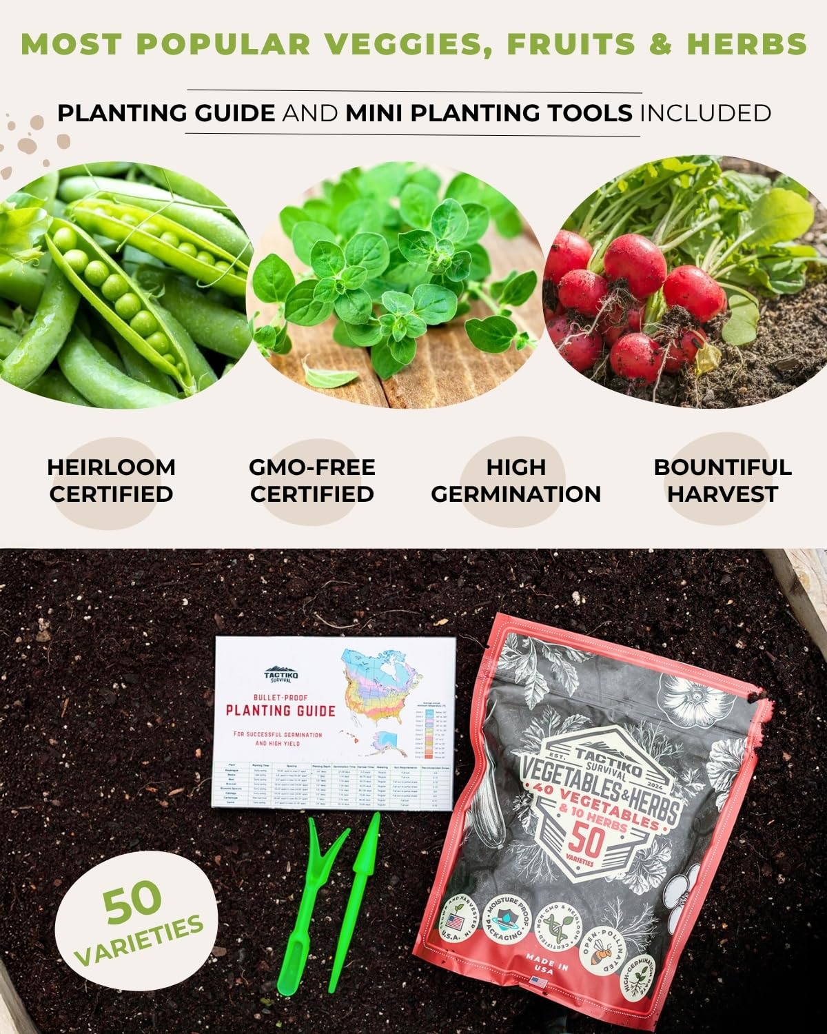 50 Tactiko Survival Vegetable, Herb & Fruit Seed Kit - U.S.A. Harvested Varieties - Over 25,000 Non-GMO Heirloom Seeds - Emergency Seed Vault in Waterproof Mylar Bag - Long-Term Storage