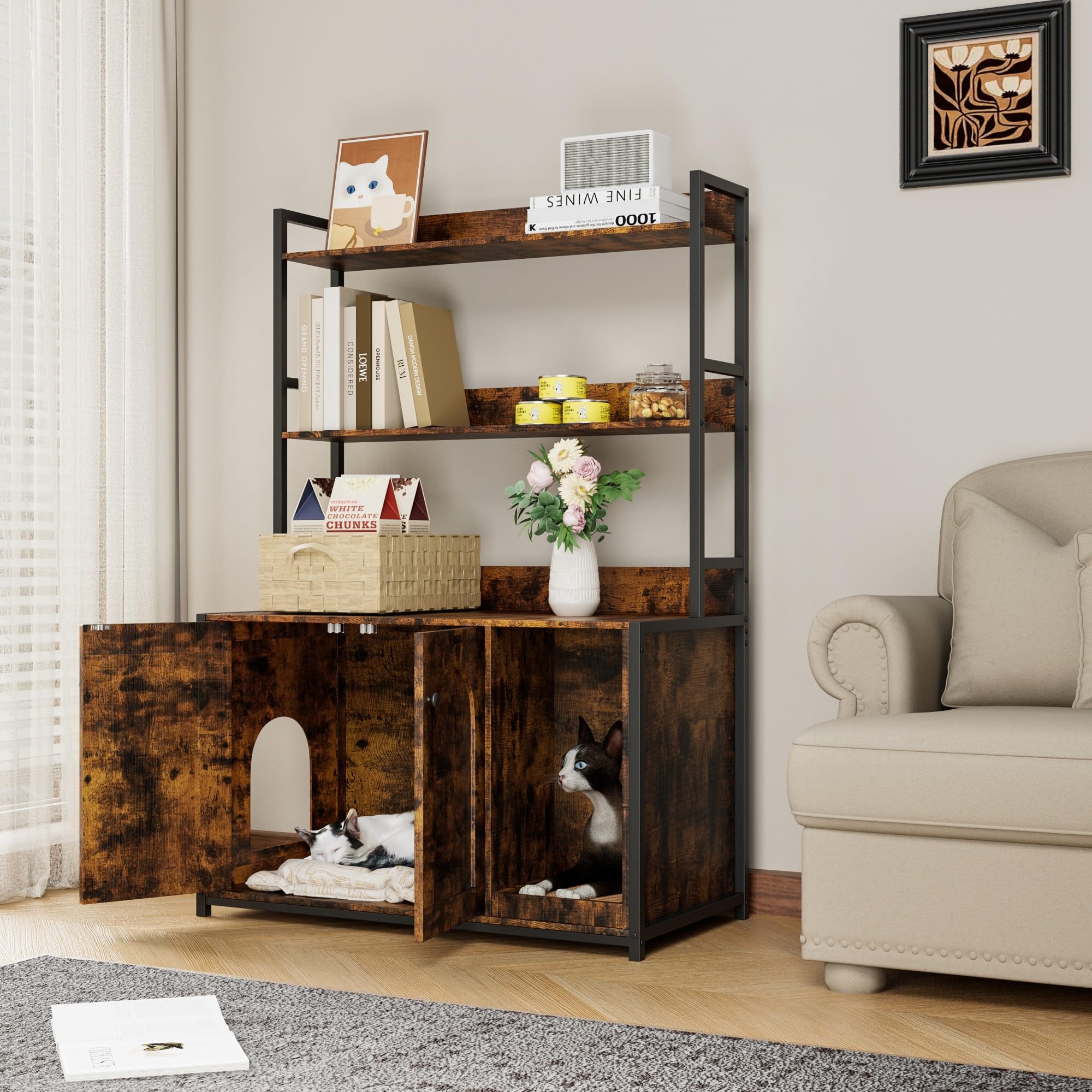 GarveeLife Large Litter Box Enclosure with Shelves and Doors, 52'' Litter Box Bookshelf Cat Box Furniture for Most of Litter Box Hidden Kitty Cat Litter Box Enclosure Cabinet with Scratch Pad Brown