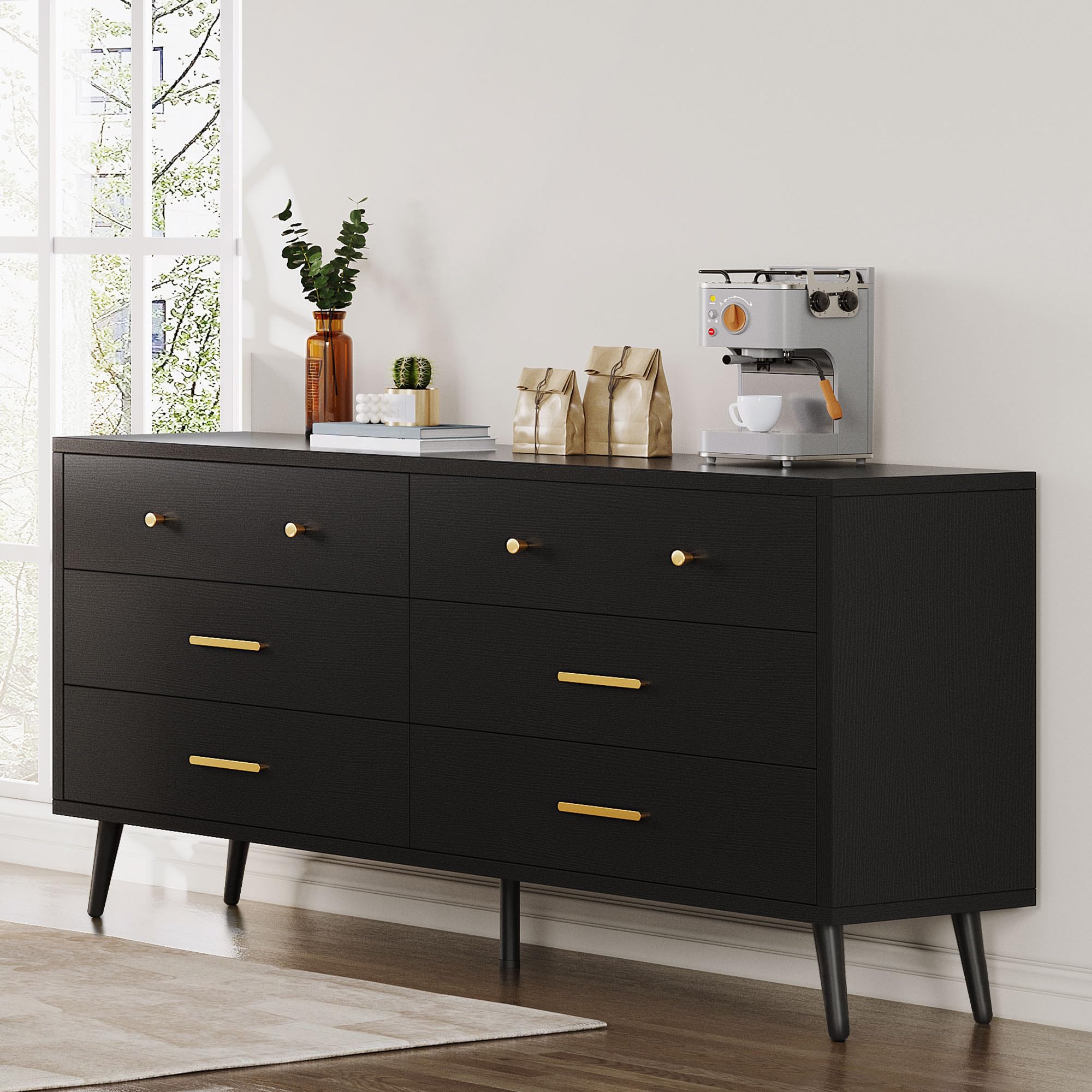 black metal dresser DWVO Black 6-Drawer Dresser with Black Metal Handles, Anti-Tip Design, – guiltshop.products
