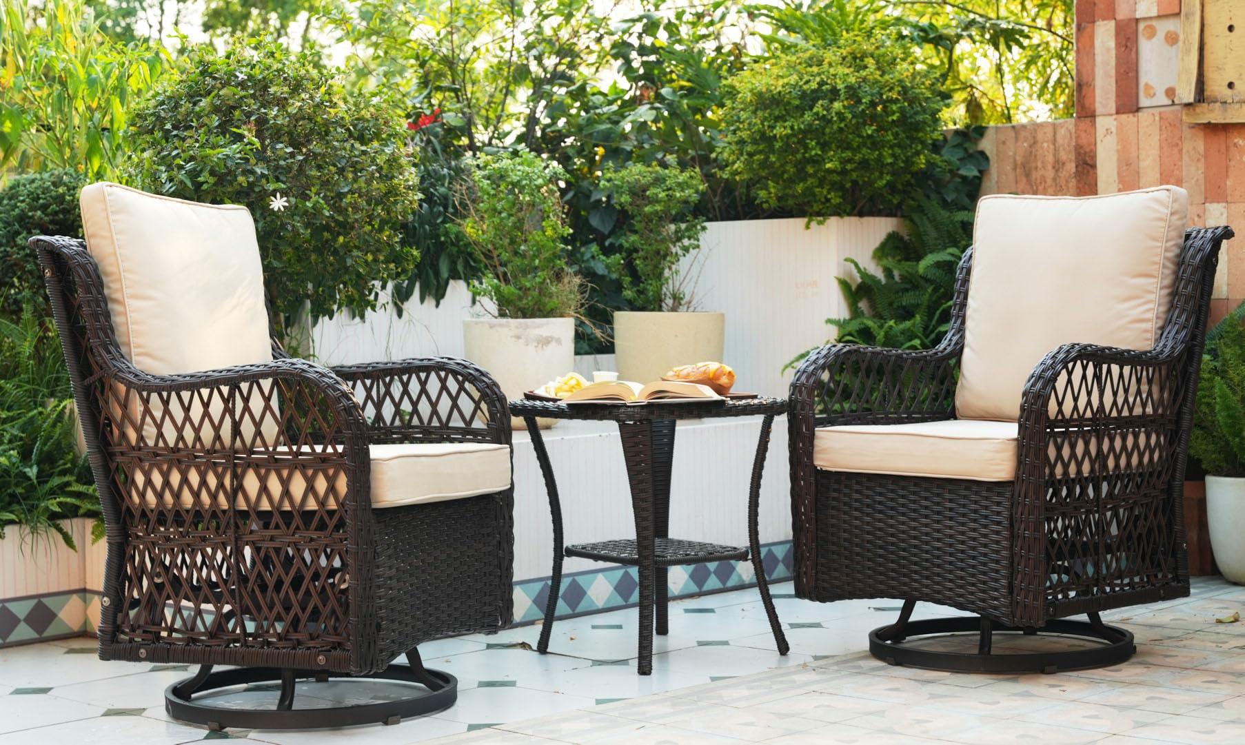 GarveeLife 3 Pieces Outdoor Swivel Rocker Chair Set Swivel Glider Rocker Rocking Chair Set with Glass Top Table with Thick Cushions for Backyard, Balcony, Deck,Outdoor, Brown Rattan and Beige Cushion
