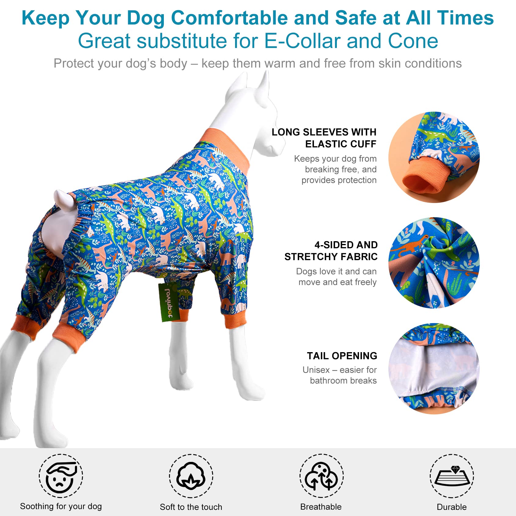 LovinPet Large Breed Dog Clothes Pajamas, Wound Care/Post Surgery Full Coverage Shirt, Dinosaur Land Blue Print, Lightweight Stretchy Knit Pullover Dog Onesie, Pet Pajamas for Dogs, Pet PJ's, 3XL