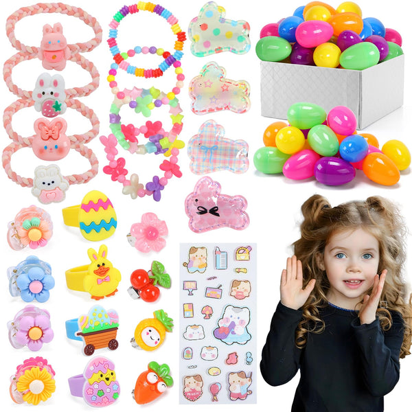 Skirfy Easter for Girls,49 PCS Toddlers Kids Toys Age 3-5,Earrings,Rings,Hair Clip,Play Princess Toys for Dress Up,Easter Egg Classroom Peizes Birthday Gift