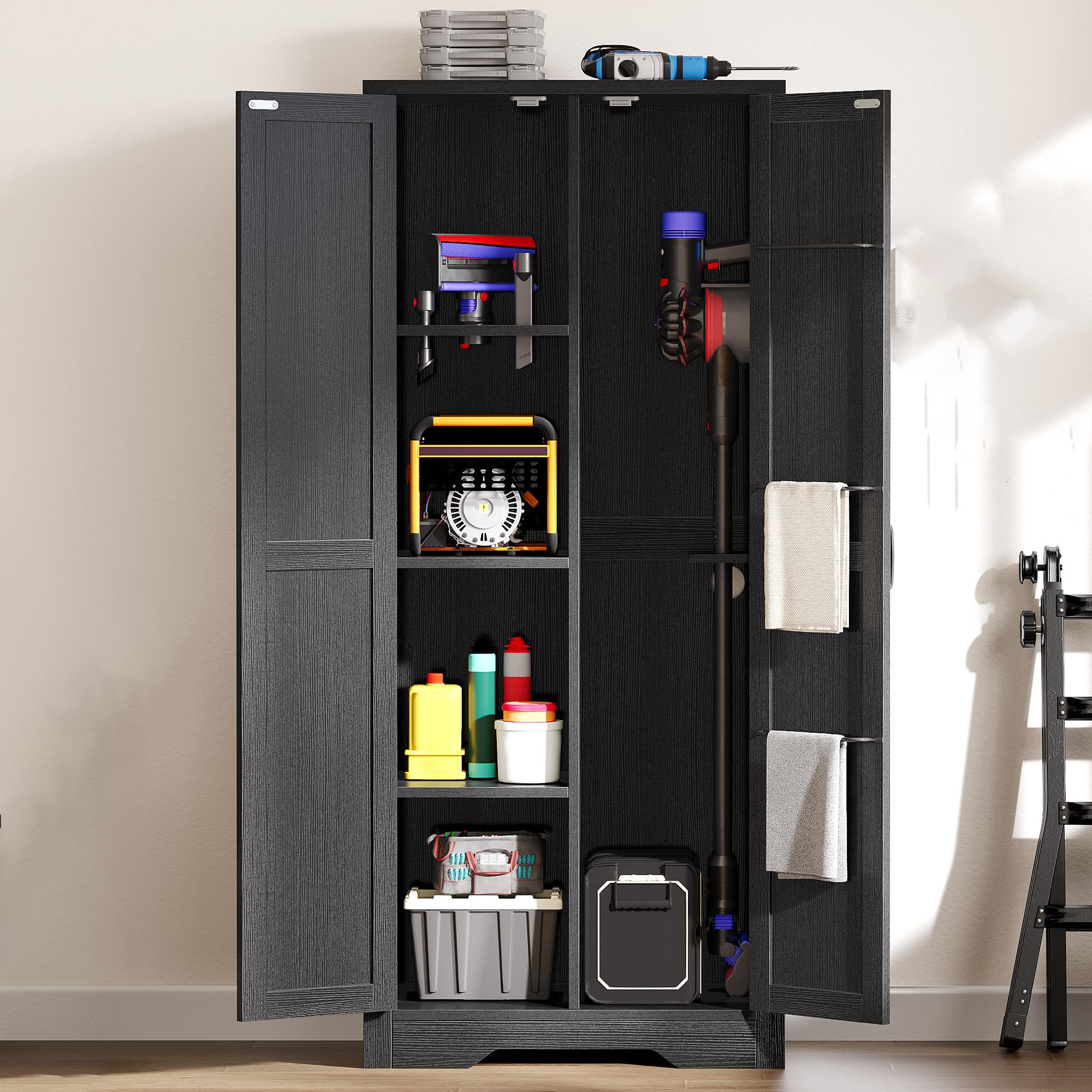 DWVO Wooden Storage Cabinet, Vacuum Cleaner Storage Compatible with Dyson Models, Utility Stand for Brooms and Mops, Cleaning Tool Cabinet with Doors for Garage, Office, Home