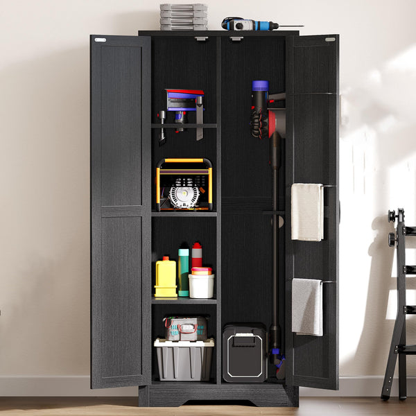 DWVO Wooden Storage Cabinet, Vacuum Cleaner Storage Compatible with Dyson Models, Utility Stand for Brooms and Mops, Cleaning Tool Cabinet with Doors for Garage, Office, Home