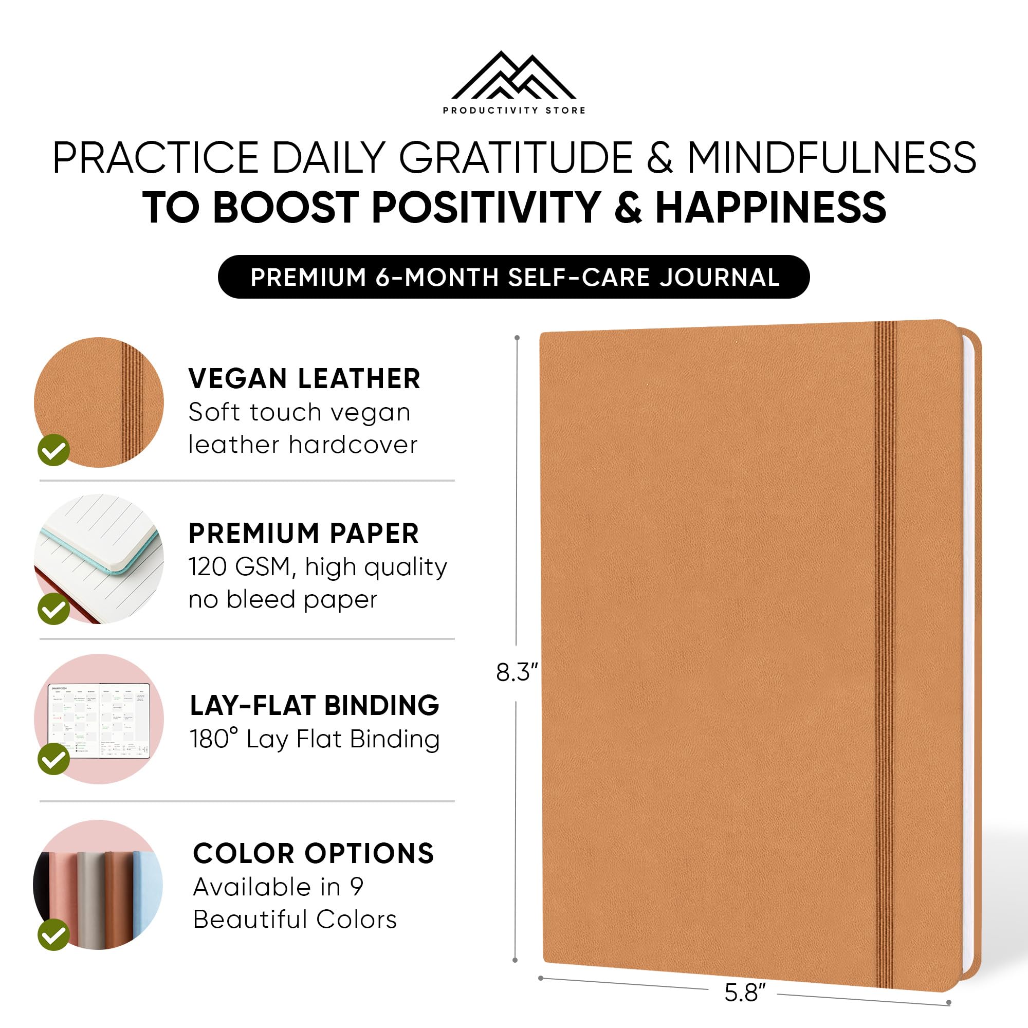 PRODUCTIVITY STORE Gratitude & Self-Care Journal - Guided Mindfulness & Mental Health Journal All-in-One with Prompts for Self Discovery - Daily Journal for Men & Women (A5, Brown)