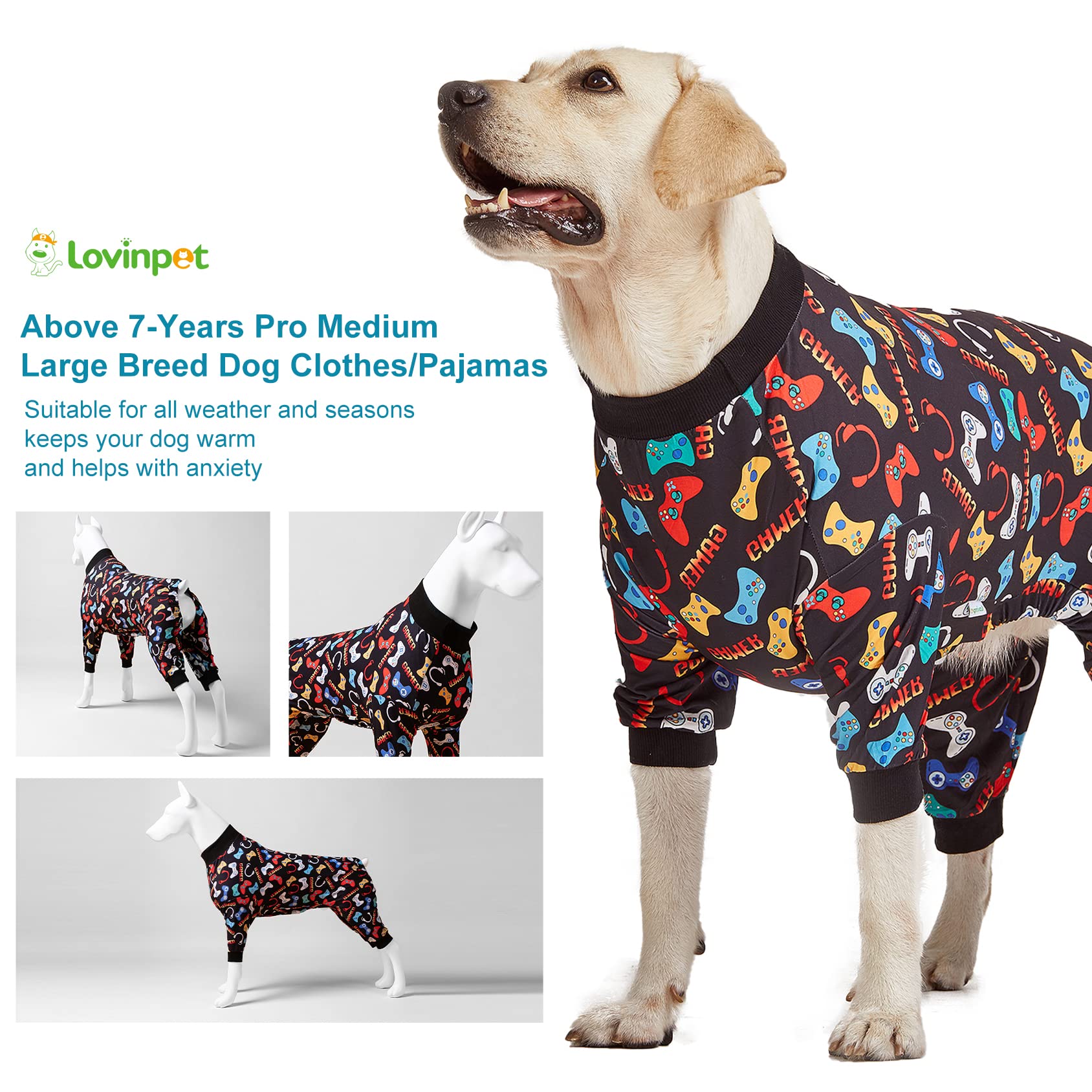 LovinPet Large Dog Pajamas, Game Console Print,UV Protection, Wound Care/Post Surgery Dog Clothes, Pet Anxiety Relief, Lightweight Stretchy Pitbull Pullover Shirt, Onesies for Dogs, Pet PJ's, 3XL