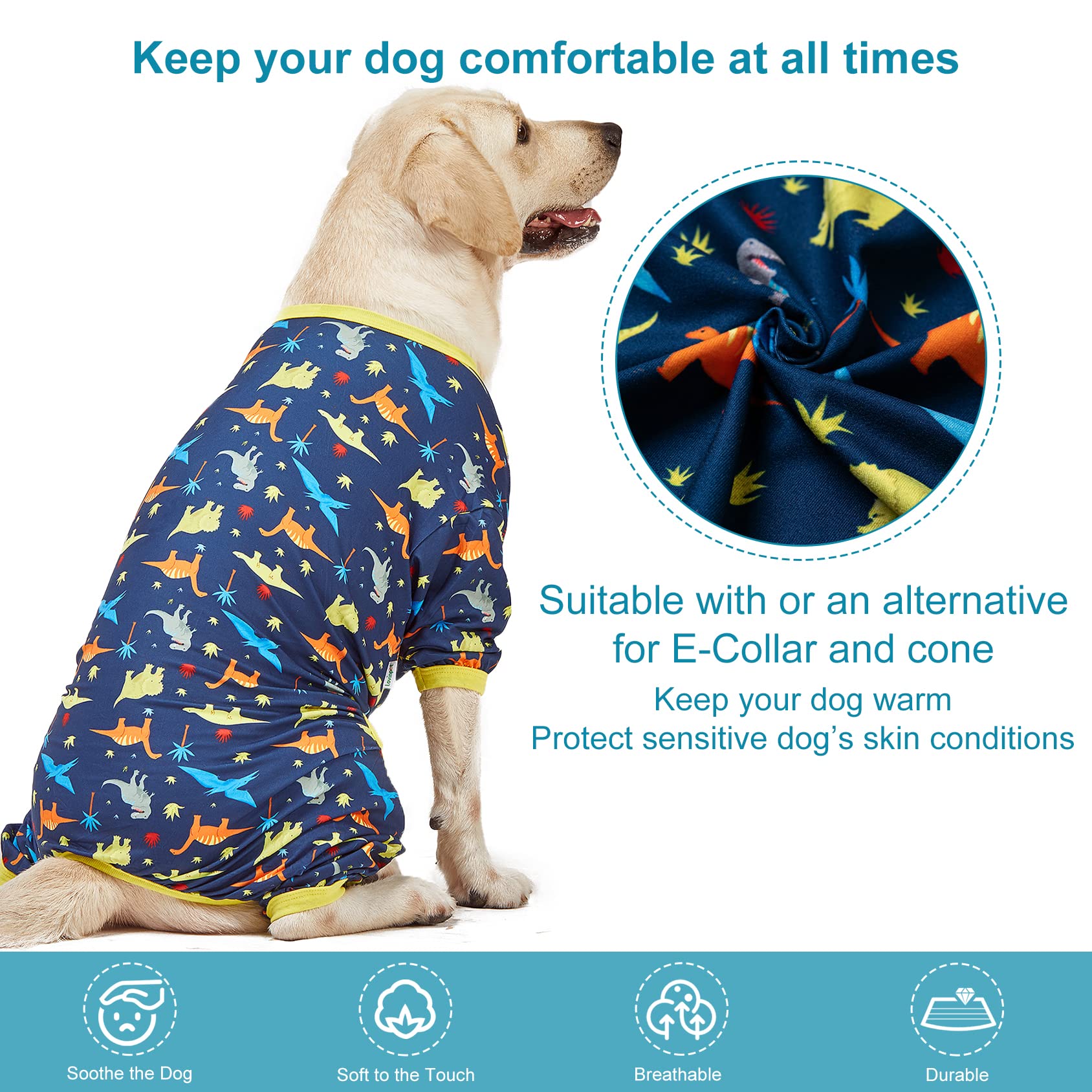 LovinPet Big Dog Pajamas for Large Dogs/Prehistoric Adventure Dinosaur Navy Print/Lightweight Stretchy Knit Pullover Dog Clothes/Large Dog Onesie, Pet Pajamas for Dogs, Pet PJ's/L