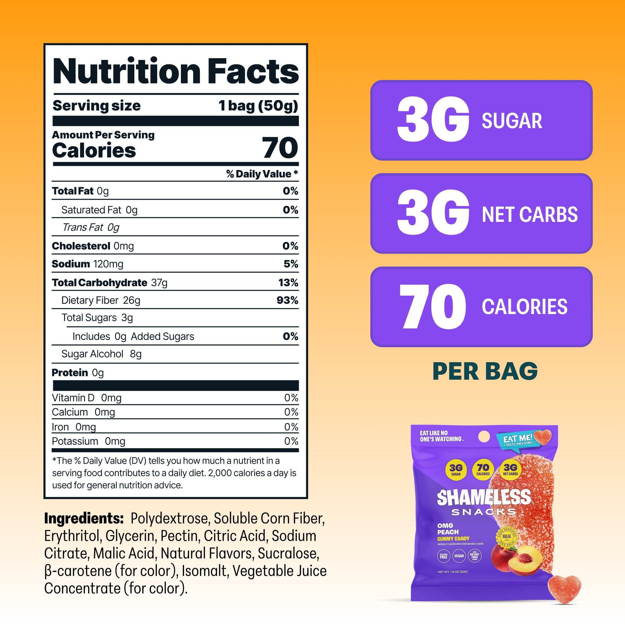 Shameless Snacks - Healthy Low Calorie Snacks, Low Carb Keto Gummies (Gluten Free) - 6 Pack OMG Peach