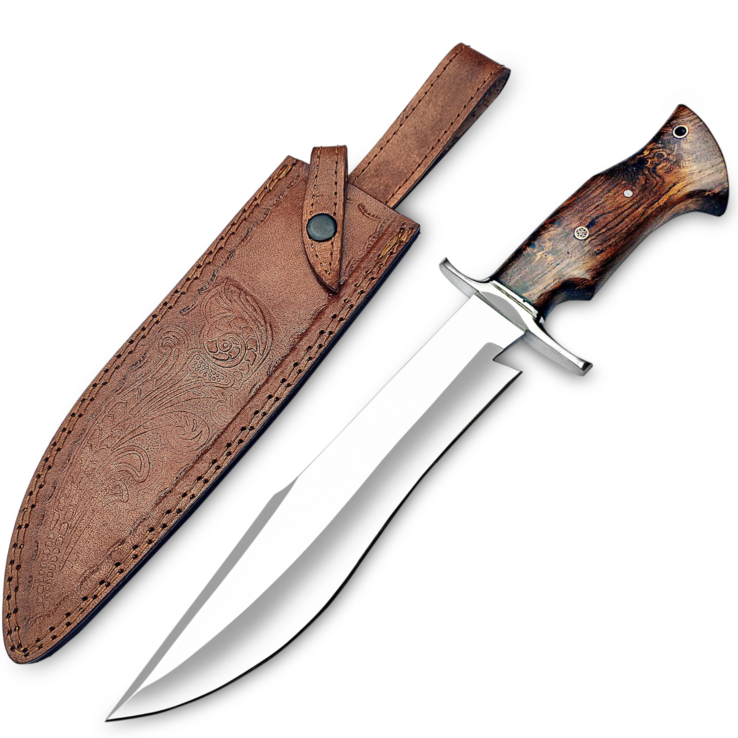 Handmade D2 Steel 14 Inches Bowie Knife with leather sheath, Hunting knife with Wood Handle and steel Guard Ideal for Bushcraft, Camping, Survival, Hunting & outdoor use