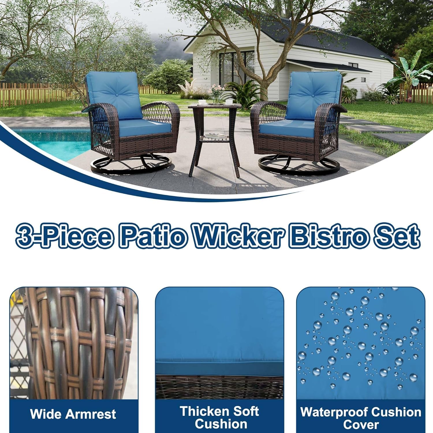 3-Piece Swivel Rocking Patio Chairs Set with 2 360-Degree Swivel Rocking Chairs and Tempered Glass Top Side Tabl, Outdoor Wicker Patio Bistro Set With Thickened Cushions for Poolside/Garden/Deck（Blue）